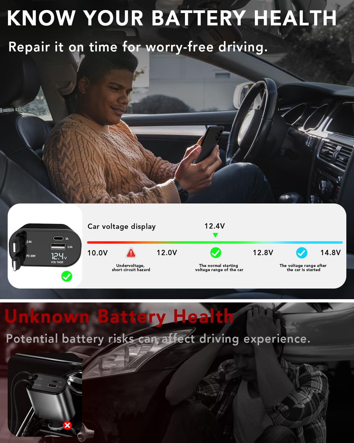 Retractable Car Charger, 4 in 1 Fast Car Phone Charger 66W, 2 Retractable Cables and USB Car Charger, Compatible with iPhone 16/15/14/13/12/11,Galaxy,Pixel
