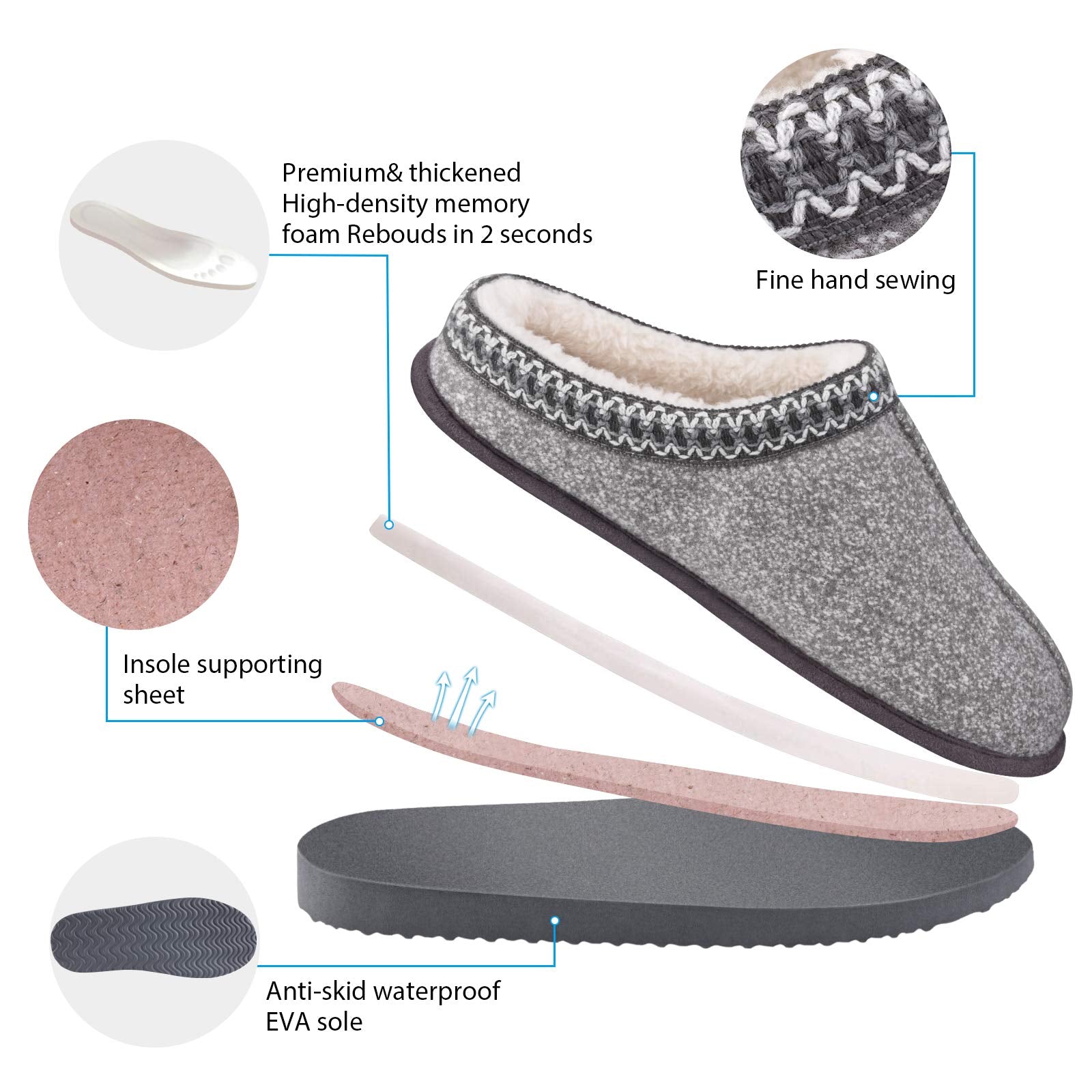 Womens Tasman Slippers House Slippers Bedroom Shoes Indoor Outdoor with Fuzzy Cozy Fluffy Lining Hard Sole Memory Foam Slip on (Light Grey, 7/8)