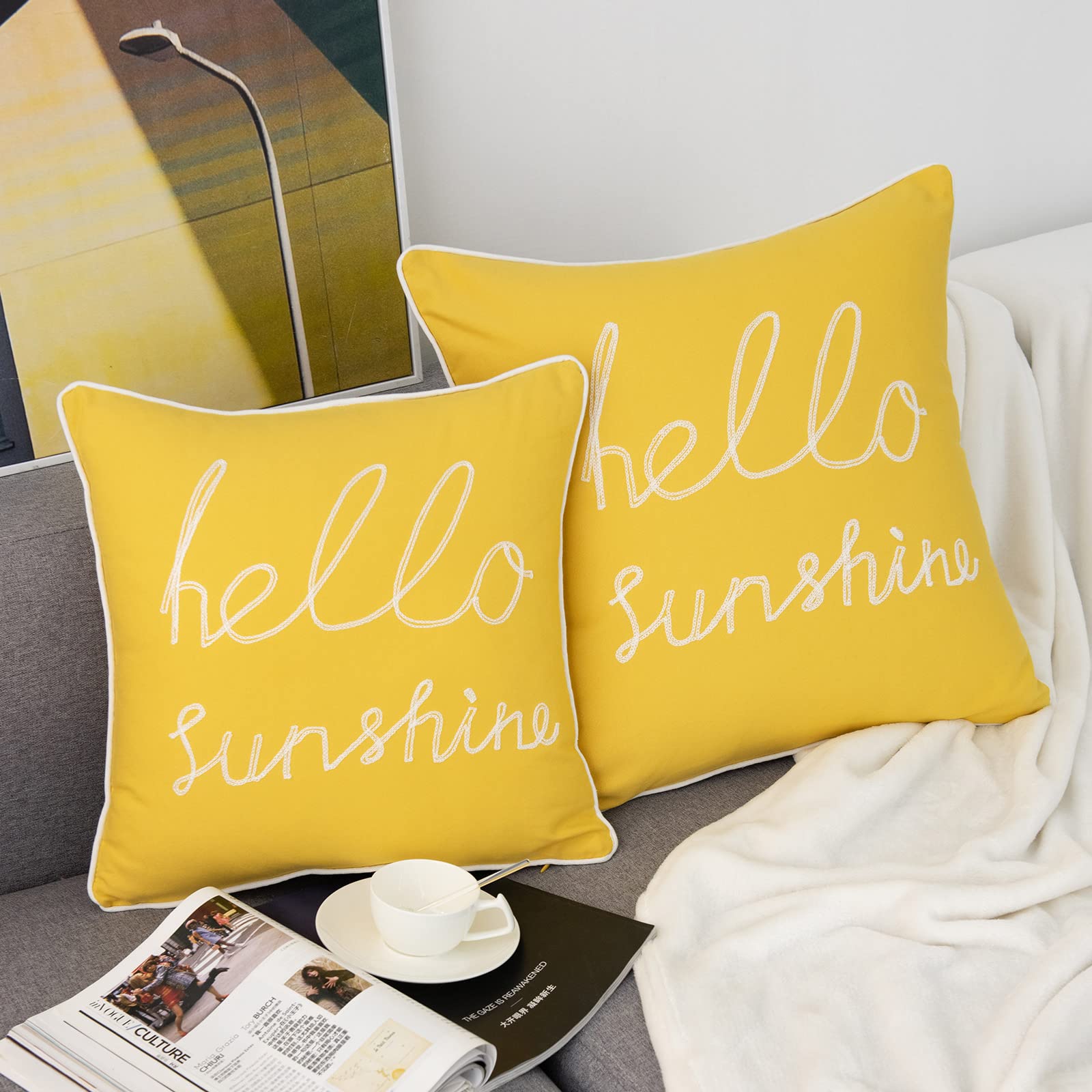 YIcabinet Set of 2 Soft Soild Decorative Square Throw Pillow Covers Yellow Hello Sunshine Pillow for Sofa Bedroom Car 20x20 Inch