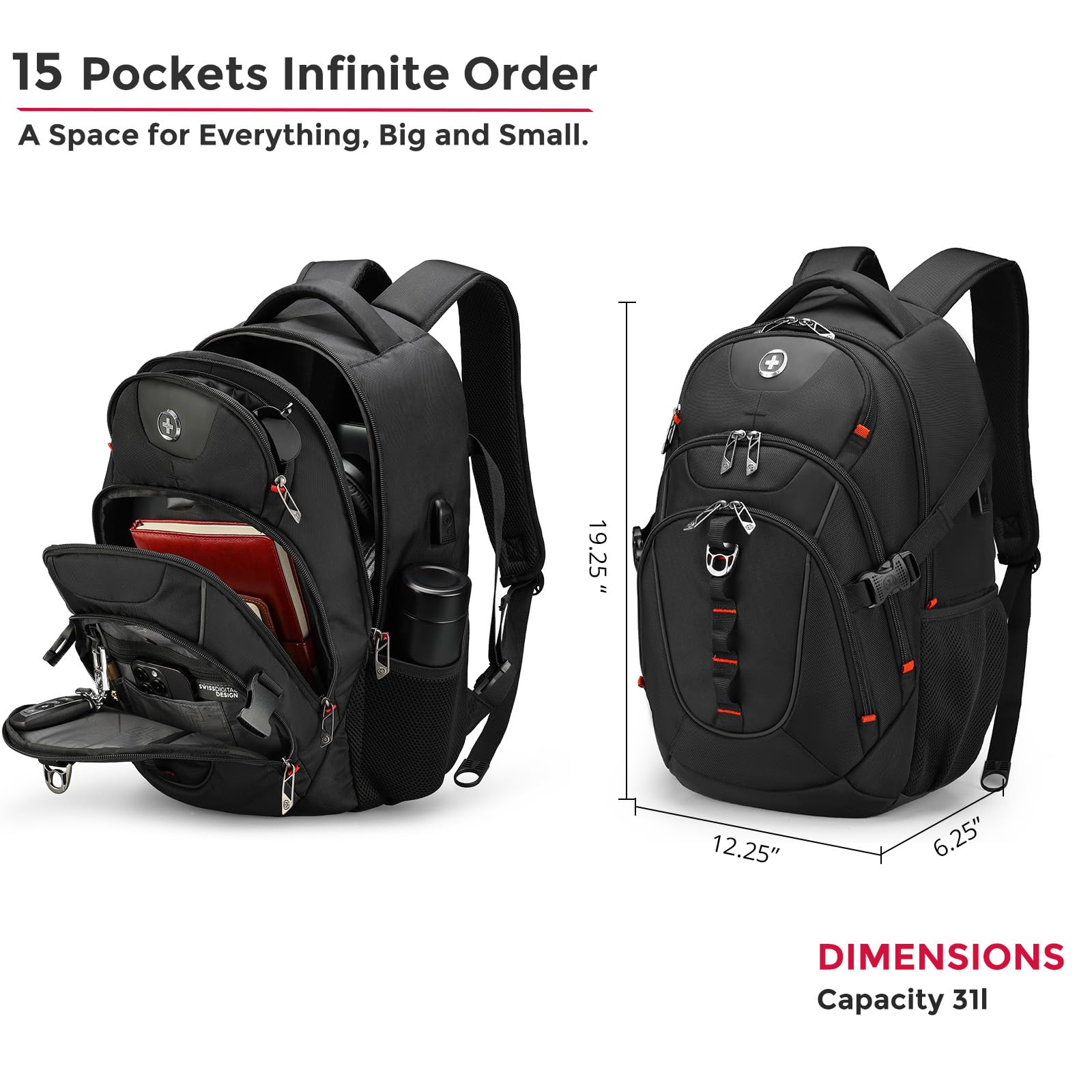 Swissdigital Design Laptop Backpack with USB Charging Port, Travel Backpack Fits 15.6 inches Computer, 31L College School Backpack for Men, Black | SD803-01