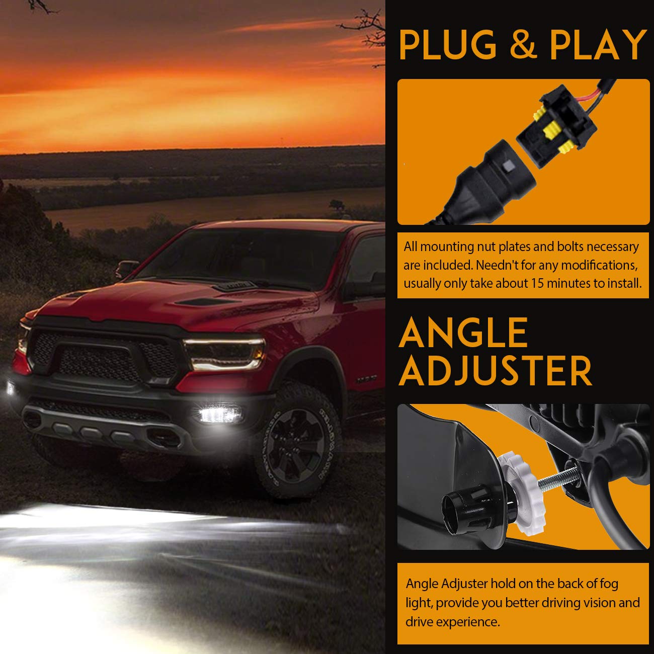 Auxbeam LED Fog Lights DOT Approved for Ram 1500 2009-2012, Ram 2500/3500 2010-2018, LED Fog Lamps Replacement for Dodge Ram 1500 2500 3500 w/Bracket, 2 Pcs Black