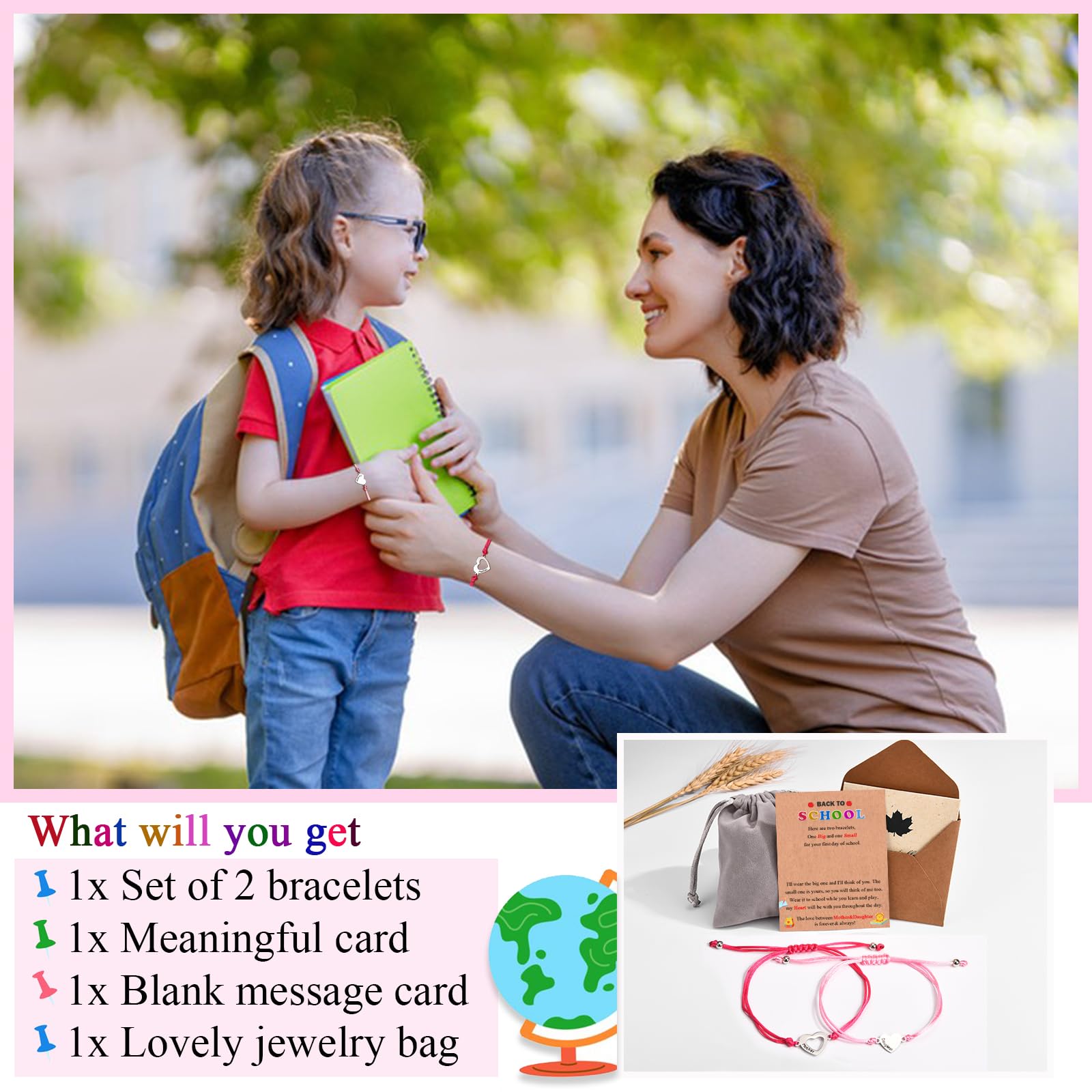 FIEEFX Back to School Gifts Bracelet for Mother and Daughter Bracelets Set for 2 First Day of School Bracelet Gifts for Daughter Girls Kindergarten Preschool Pre k 1st 2nd Grade