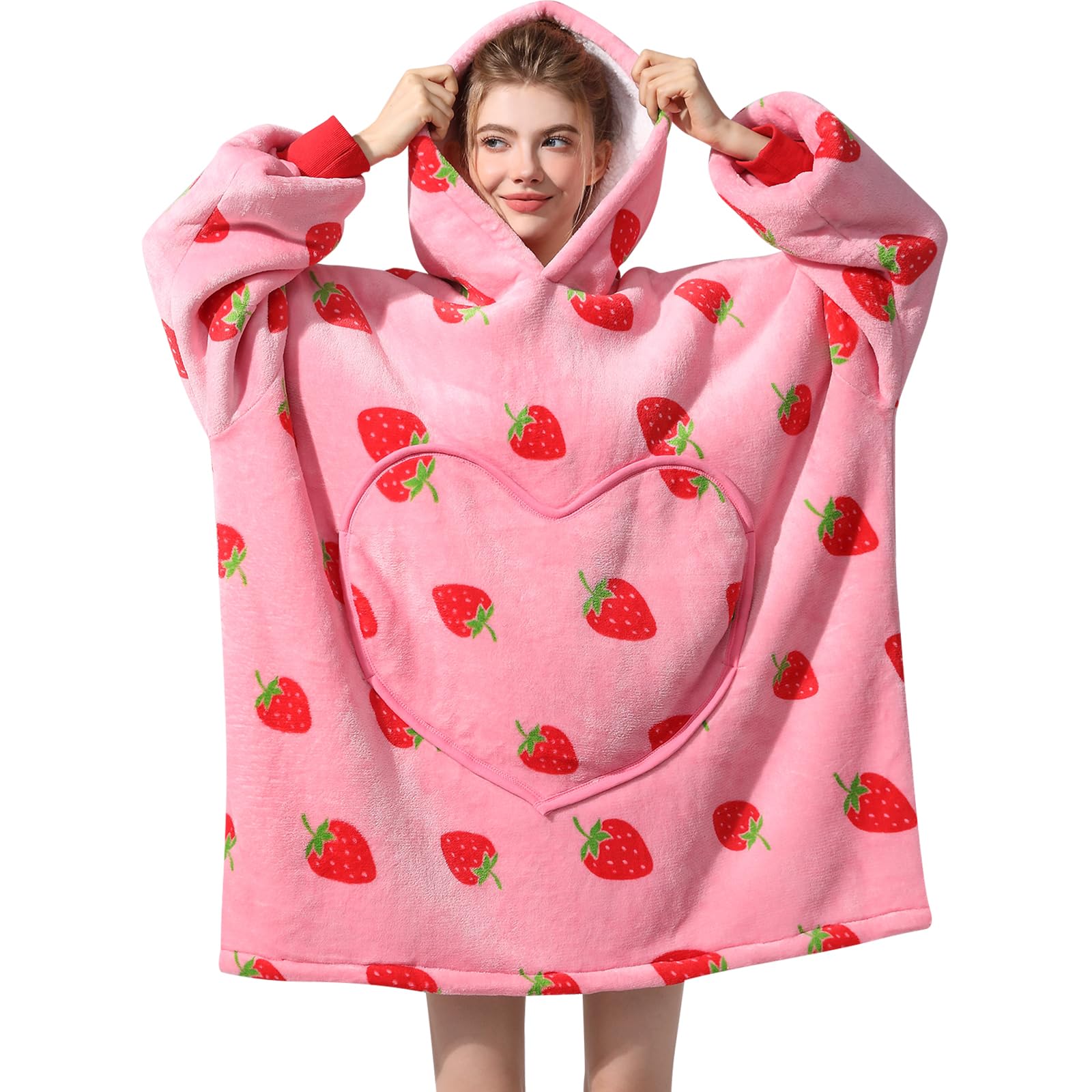 Dietersler Wearable Blanket Hoodie For Women, Strawberry Oversized Blanket Hoodie, Warm Cozy Blanket Sweatshirt, Sherpa Hooded Blanket, Birthday Gifts for Women, Sister, Teen Girl, One Size for All