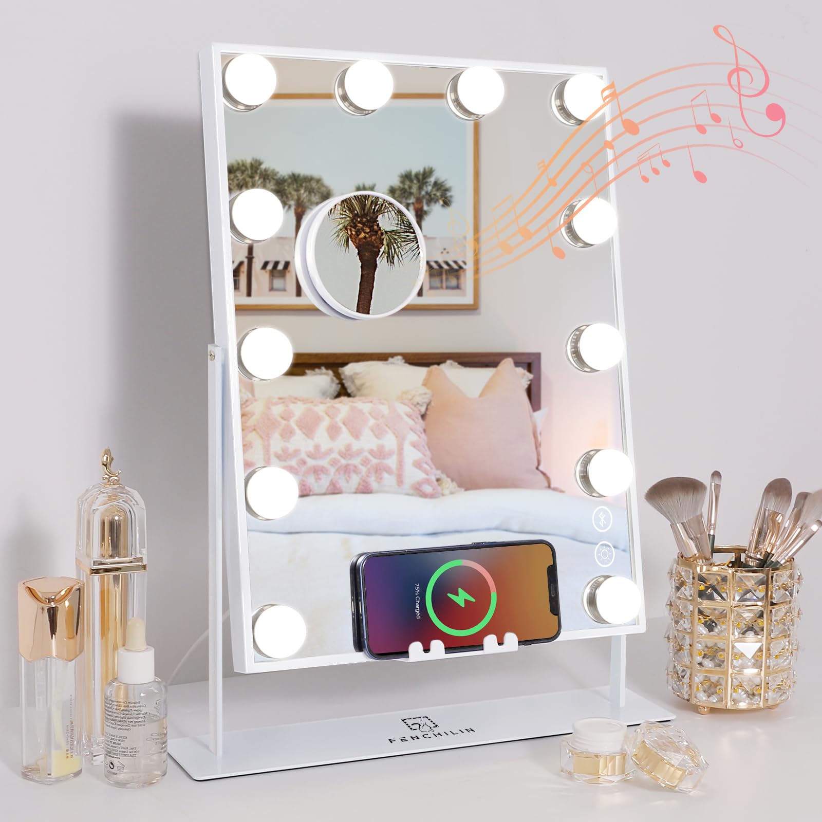 FENCHILIN White Vanity Mirror with Lights Wireless Charger and Speaker Hollywood Makeup Mirror with 12 Dimmable Bulbs 3 Color for Glam Room Bedroom Detachable 10X Magnification