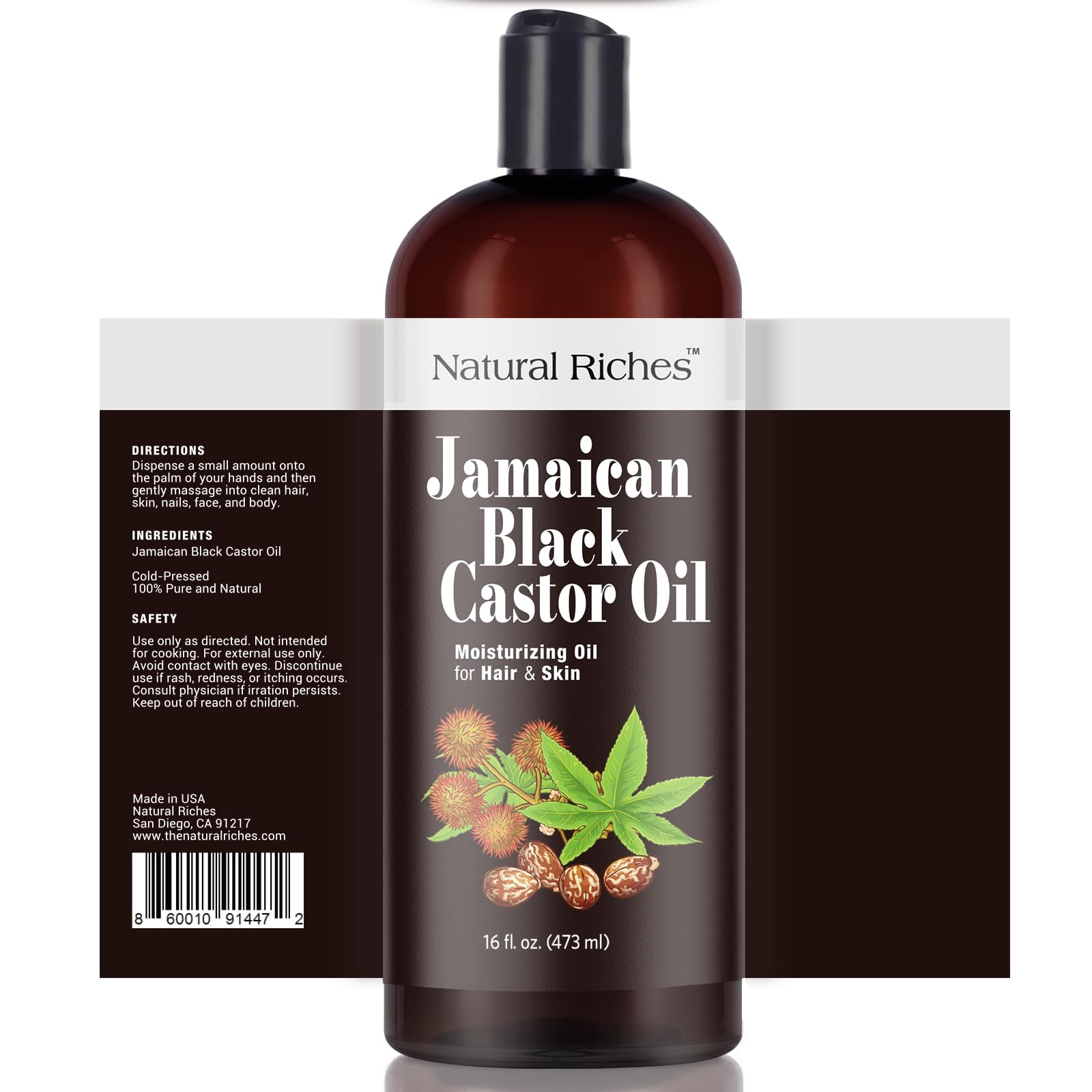 Natural Riches Jamaican Black Castor Oil Pure Organic Cold Pressed for Hair Growth Skin Care for Dry Skin Conditioning Eyebrows Eyelashes Scalp and Nail Moisturizes & Repairs 16fl.oz.
