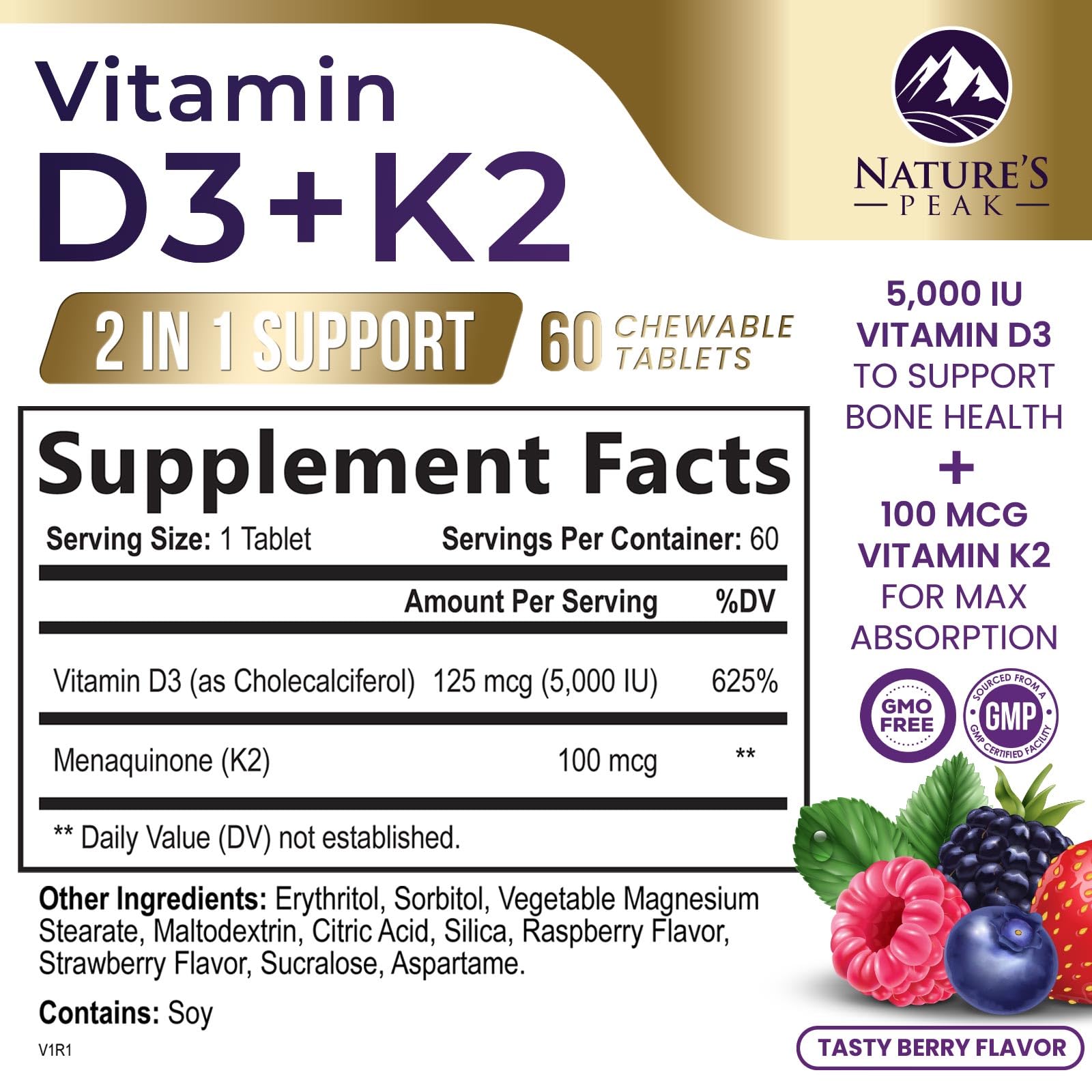 Vitamin D3 K2 - 5000 iu Vitamin D3 & 100 mcg Vitamin K2 (MK-7) Complex for Immune Support - Bone, Teeth & Muscle Health Support - Berry Chewable, Gluten Free, Non-GMO, Bottled in USA - 60 Tablets