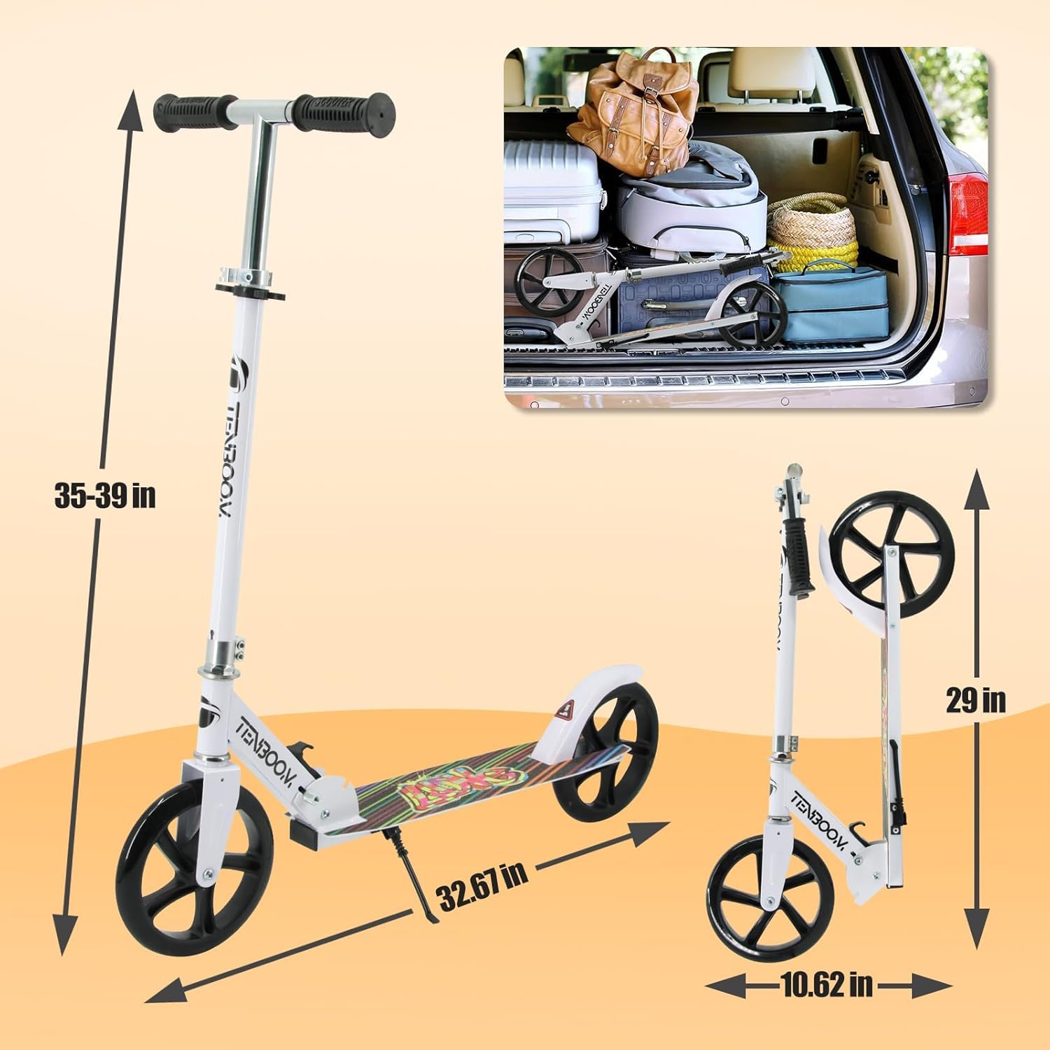 Kick Scooter for Ages 6+, Kids, Teens & Adults. Max Load 240 LBS. 8IN Big Wheels for Kids, Teens & Adults, 3 Adjustable Levels (White)