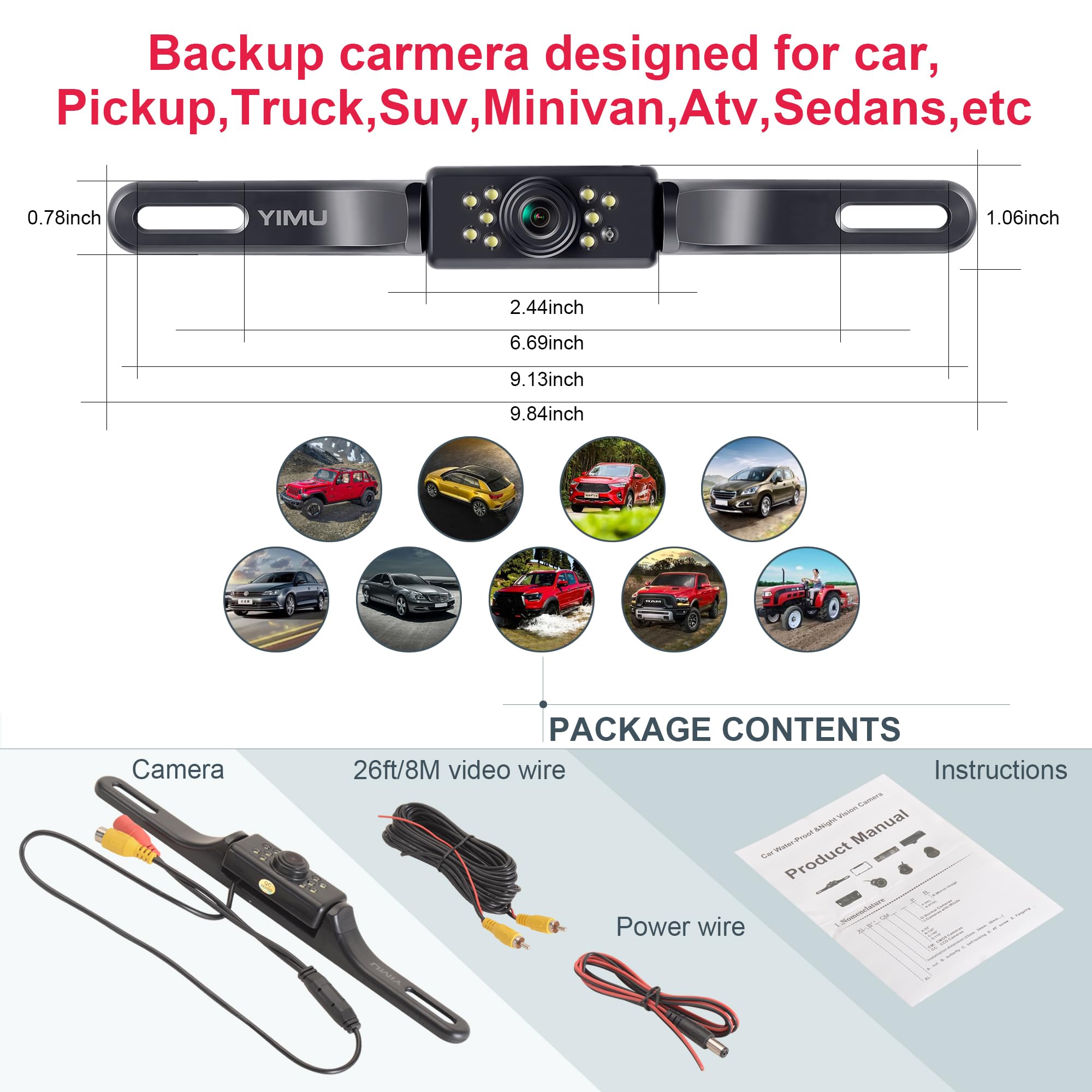 YIMU Car Backup Camera, License Plate Camera with 9 LED Lights Rear Camera, HD Night Vision Rear View Camera,Wide View Angle, IP69K Waterproof Reverse vehicle Camera for Cars,SUV,Trucks,RV, Pickup