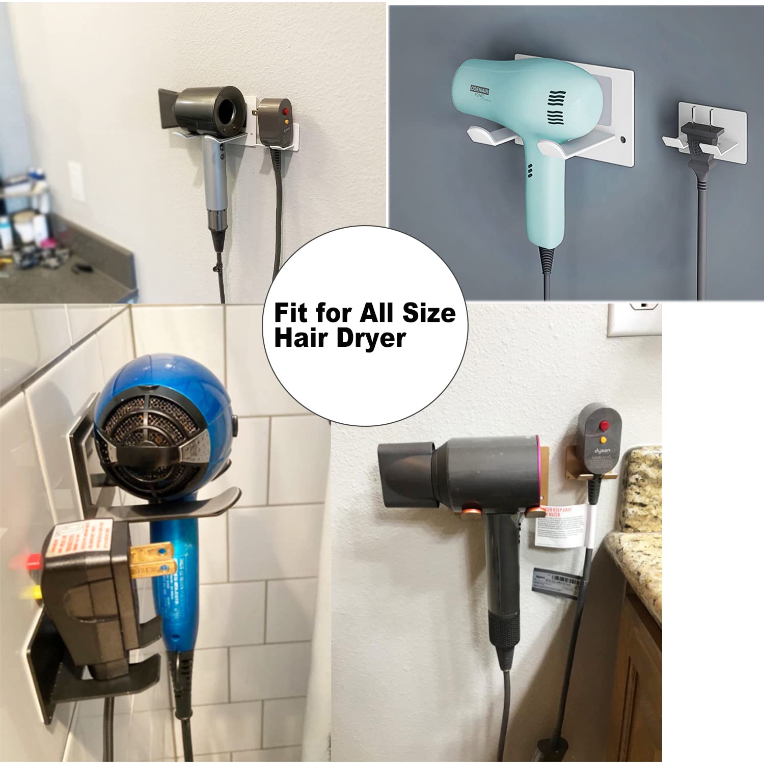 XIGOO Self Adhesive Hair Dryer Holder Wall Mounted - Adhesive Bathroom Hair Blow Dryer Rack Organizer Compatible with Supersonic Hair Dryers (Black)