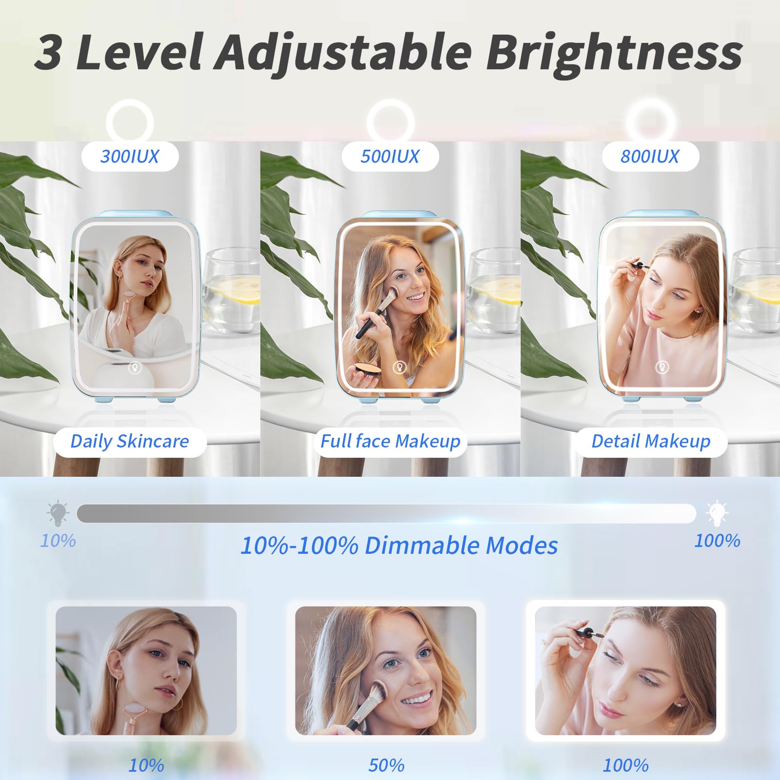 YASHE Mini Skincare Fridge with Dimmable LED Mirror, 4Liter/6 Cans Cooler and Warmer for Makeup, Cosmetic, Beauty, Food, Portable Small Refrigerator for Bedroom, Vanity, Office and Car- Blue