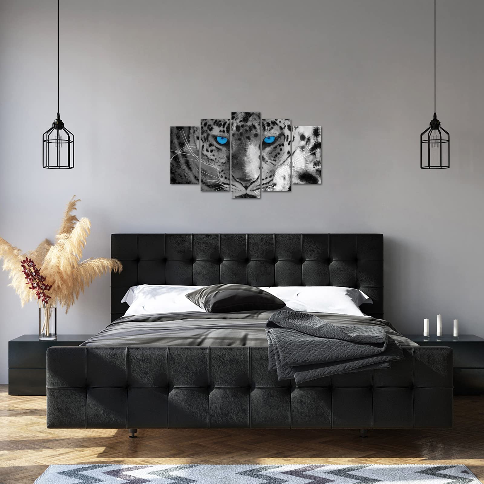 DuoBaorom 5 Piece White Leopard Blue Eyes Picture Canvas Animal Wall Art for Bedroom Living Room Decor