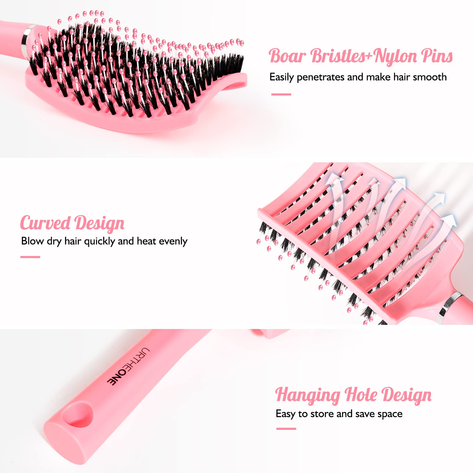 Hair Brush,URTHEONE Detangling Hairbrush Boar Bristle Curved Vented Hair Brush for Women Men Kids Curly Thick Long Short Wet or Dry Hair, Faster Blow Drying(2Pack, Black&Pink)
