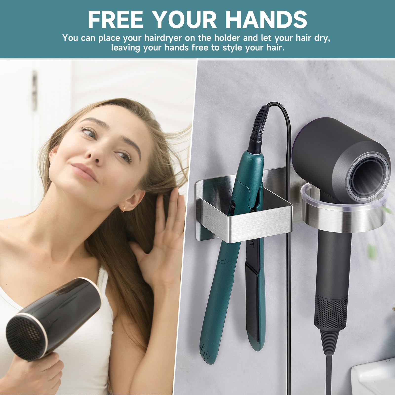 Hair Dryer Holder, Hair Tool Organizer, Stainless Steel Blow Dryer Holder Wall Mounted, Adhesive Straightener Holder, Bathroom Hair Care Styling for Flat Iron,Curling Iron,Hairdryer