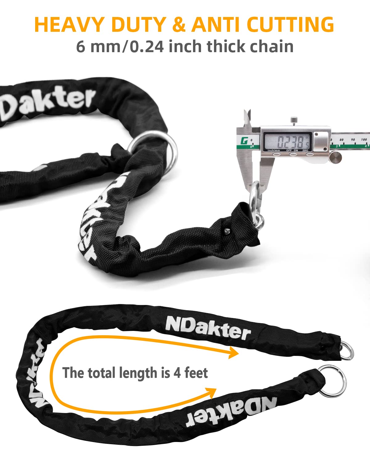 NDakter Bike Locks Heavy Duty Anti Theft 18mm Thick, Motorcycle U Lock with 4FT/120cm x 6mm Chain for Scooter, 3Keys Large U-Shaped Motorcycle Wheel Lock for Ebike, Moped, Fat-Tire,Tribike