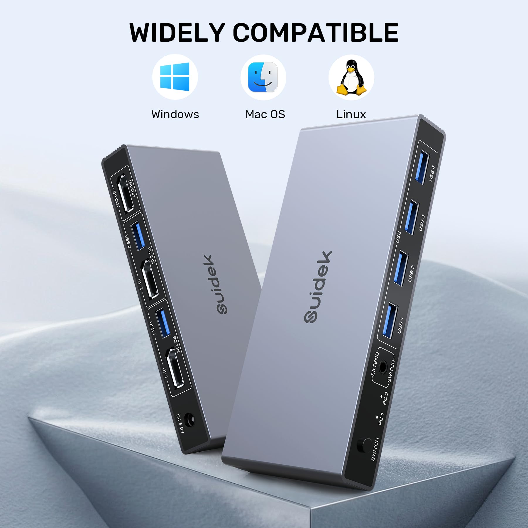 SUIDEK Displayport KVM Switch 1 Monitor 2 Computers, 8K@60Hz DP KVM Switch 2 in 1 Out USB 3.0 KVM Switcher with 4 USB Ports, Include Desktop Controller, 2 USB Cables and Power Adapter