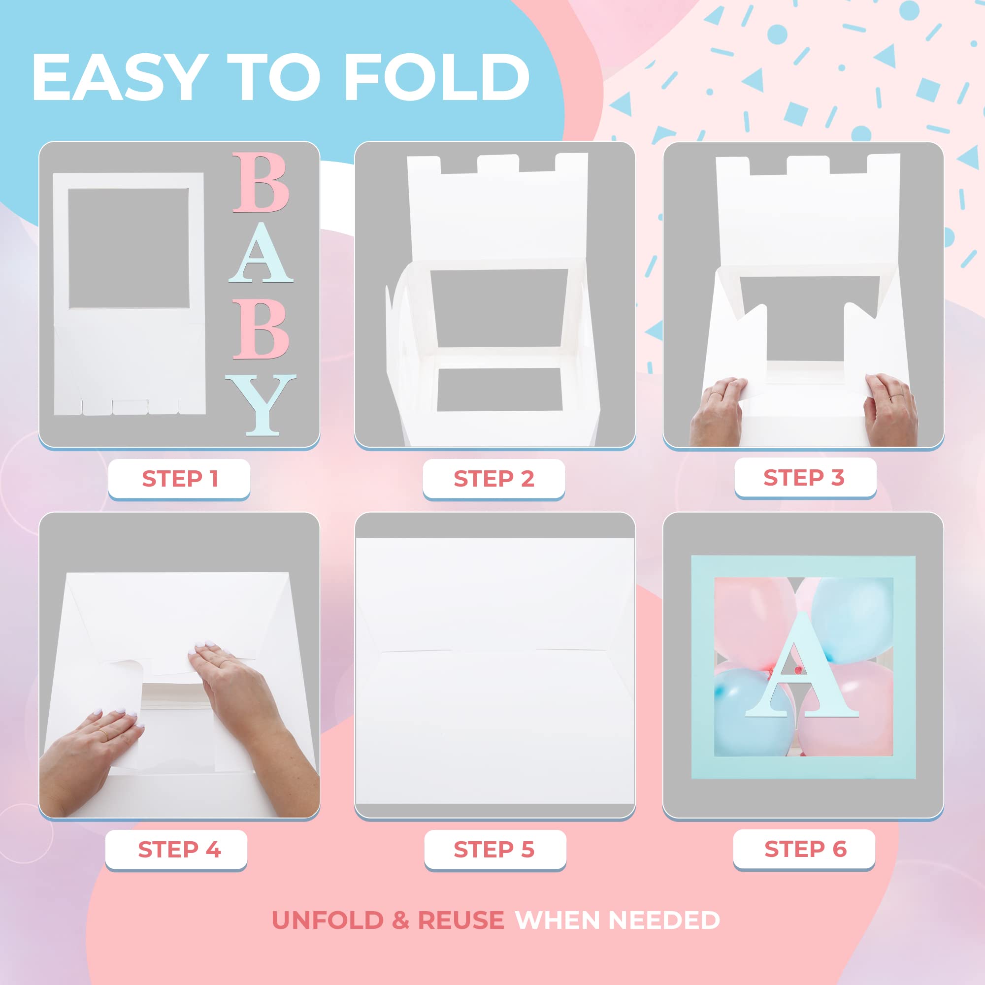 Baby Shower Boxes with Letters – Pink And Blue Boxes with Pink & Blue Balloons – 44-Piece Gender Reveal & Party Decoration Set by Vellax