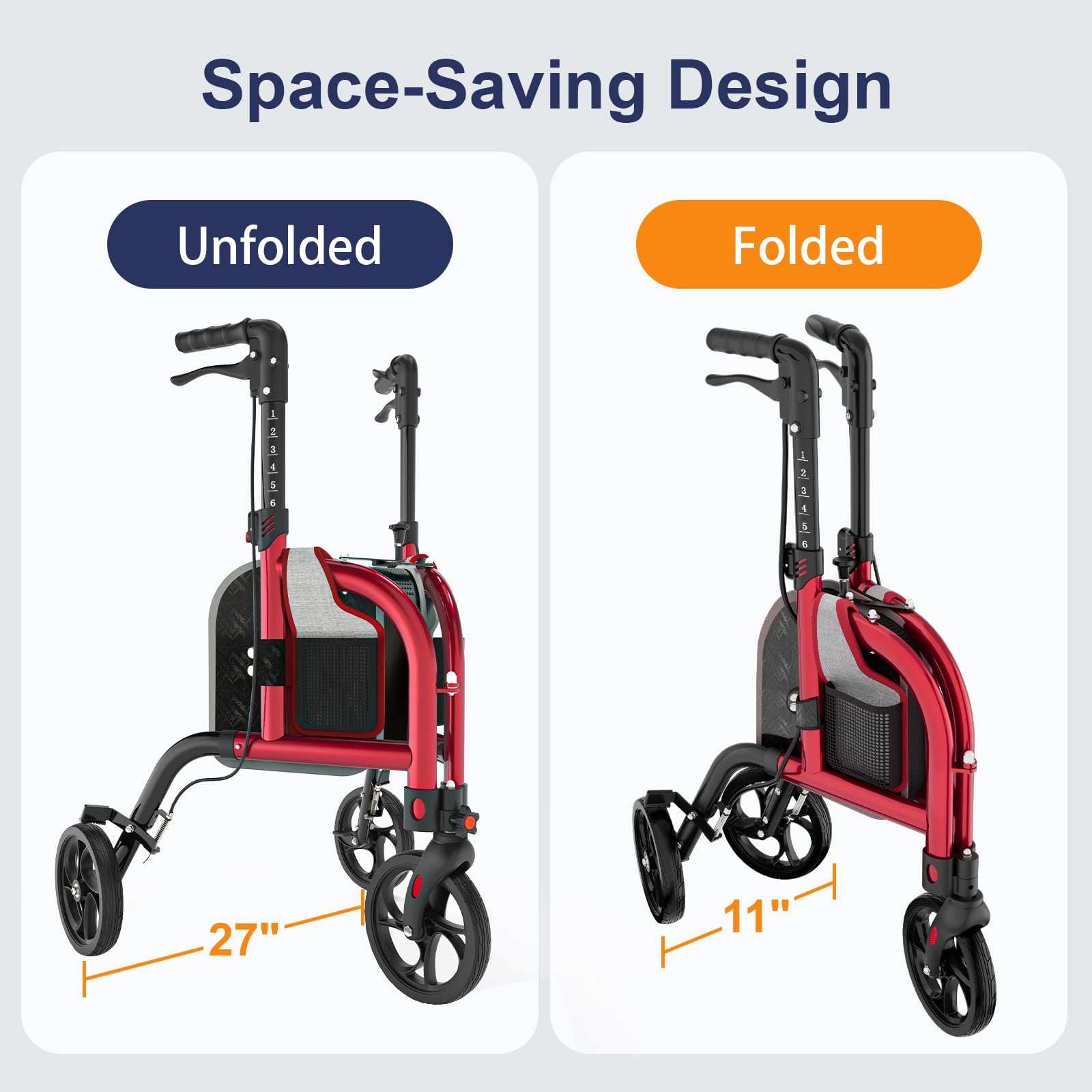 SUCCU 3 Wheel Walkers for Seniors, Narrow Foldable Wheeled Rollator Walker, Lightweight Three Wheels Rolling Walker, 350lbs Capacity, Height Adjustable Rollator for Elderly, Aluminum Alloy