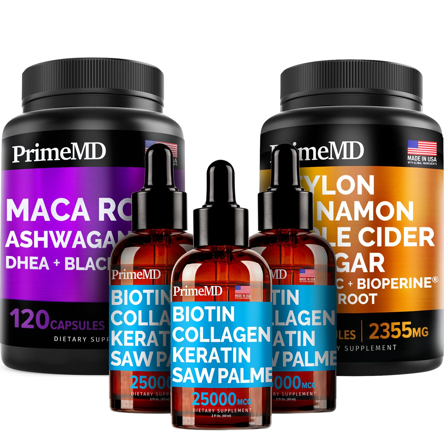 5-in-1 Ceylon Cinnamon (120ct), 4-in-1 Biotin Collagen Keratin Saw Palmetto (2 fl oz - 3 Pack) & 6-in-1 Maca Root Ashwagandha (120ct) Bundle - Energy, Mood, Hair, Skin & Immune Support Supplement