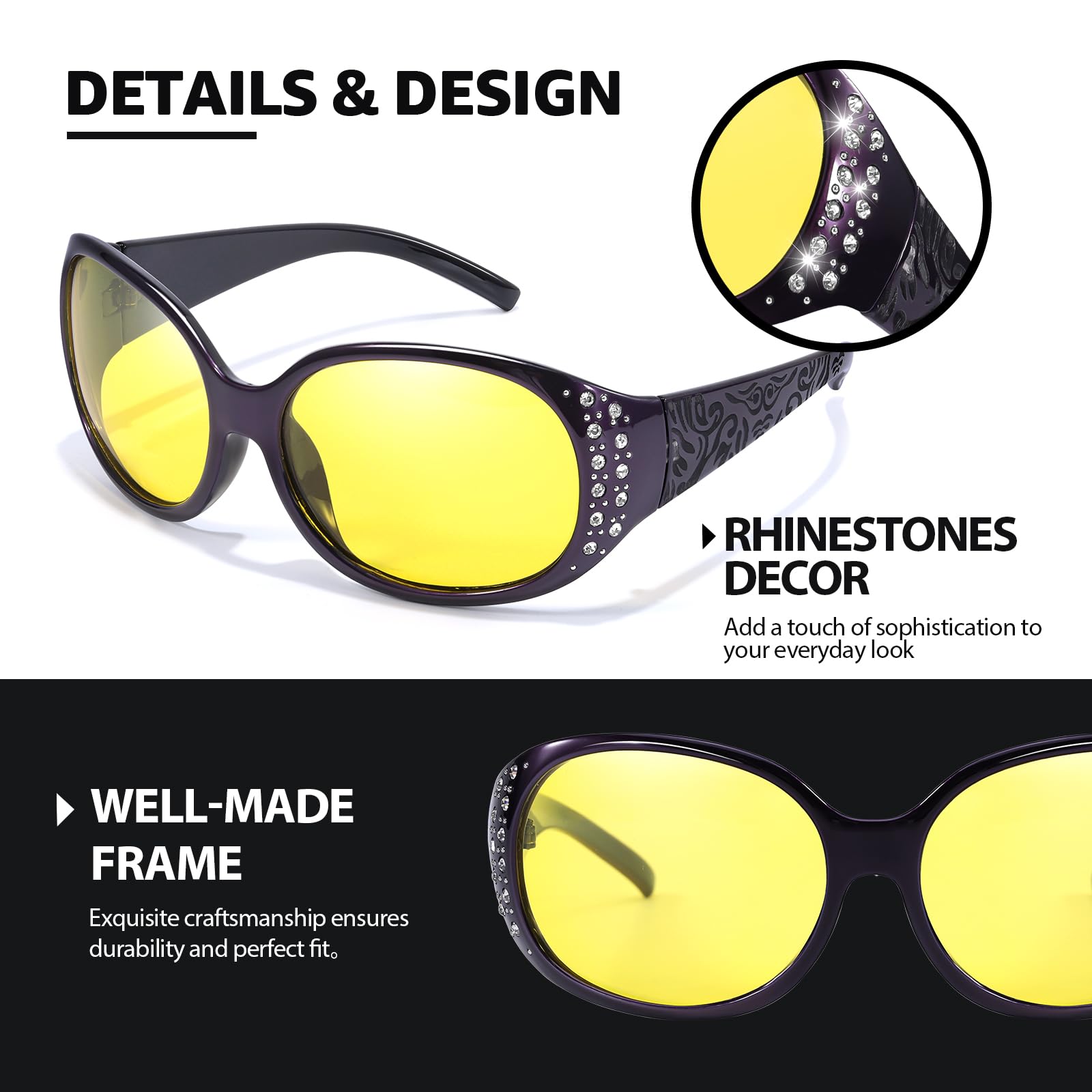 TJUTR Night Vision Driving Glasses for Women - Anti Glare, Polarized Nighttime Yellow Lens