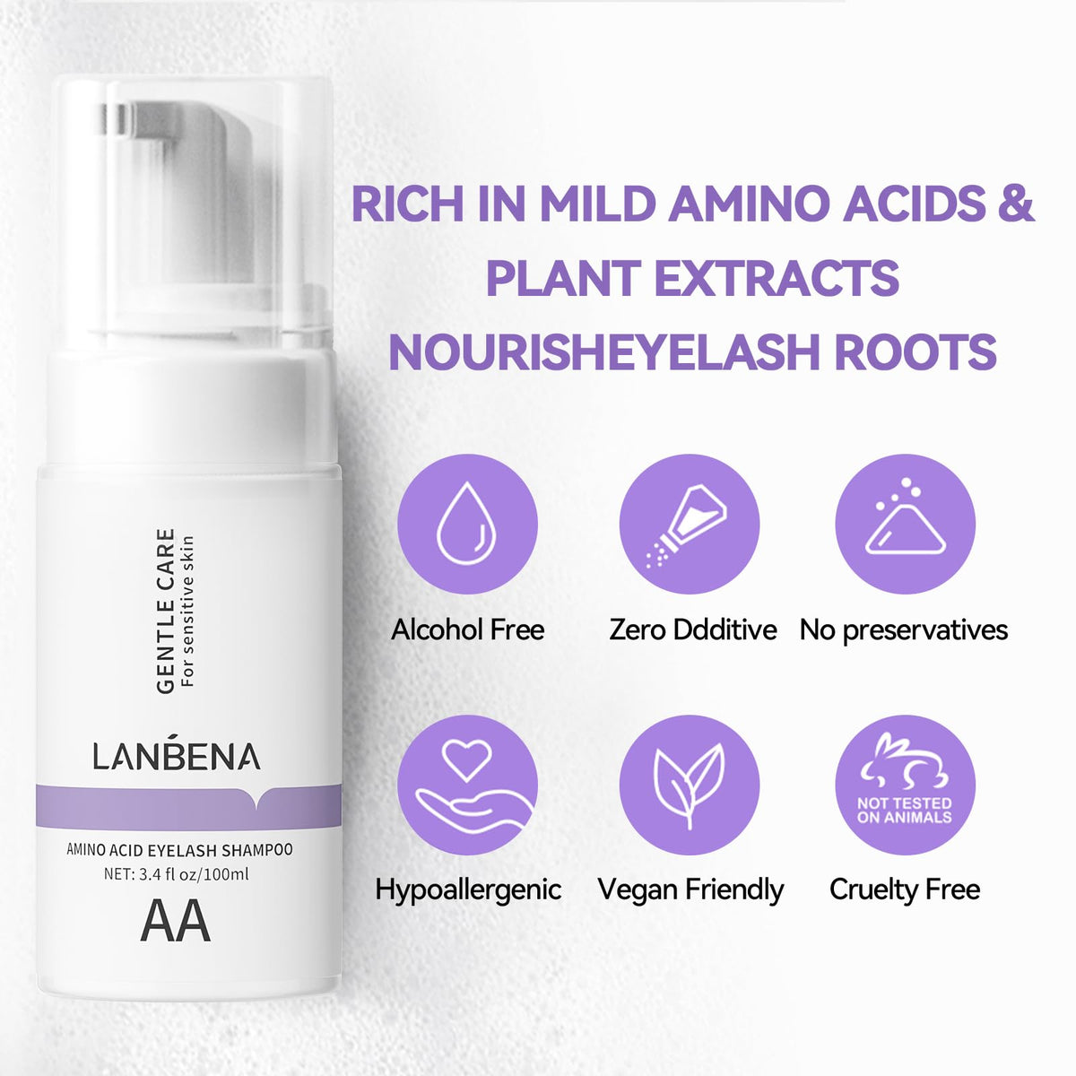 LANBENA 100ml Eyelash Extension Cleanser/Shampoo with AMINO ACID, Oil Free Foam Bath Lash Cleaning Kit with Brush,Home Salon Use