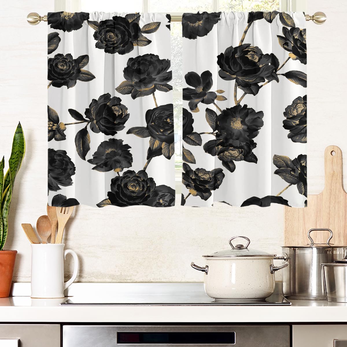 AAtter Black Floral Window Curtains for Kitchen White and Gold Flowers Gothic Retro Women Small Short Home Living Room Bedroom Bathroom Drapes Treatment Tiers Fabric 1 Pair, 27.5" W x 39" L, Vintage