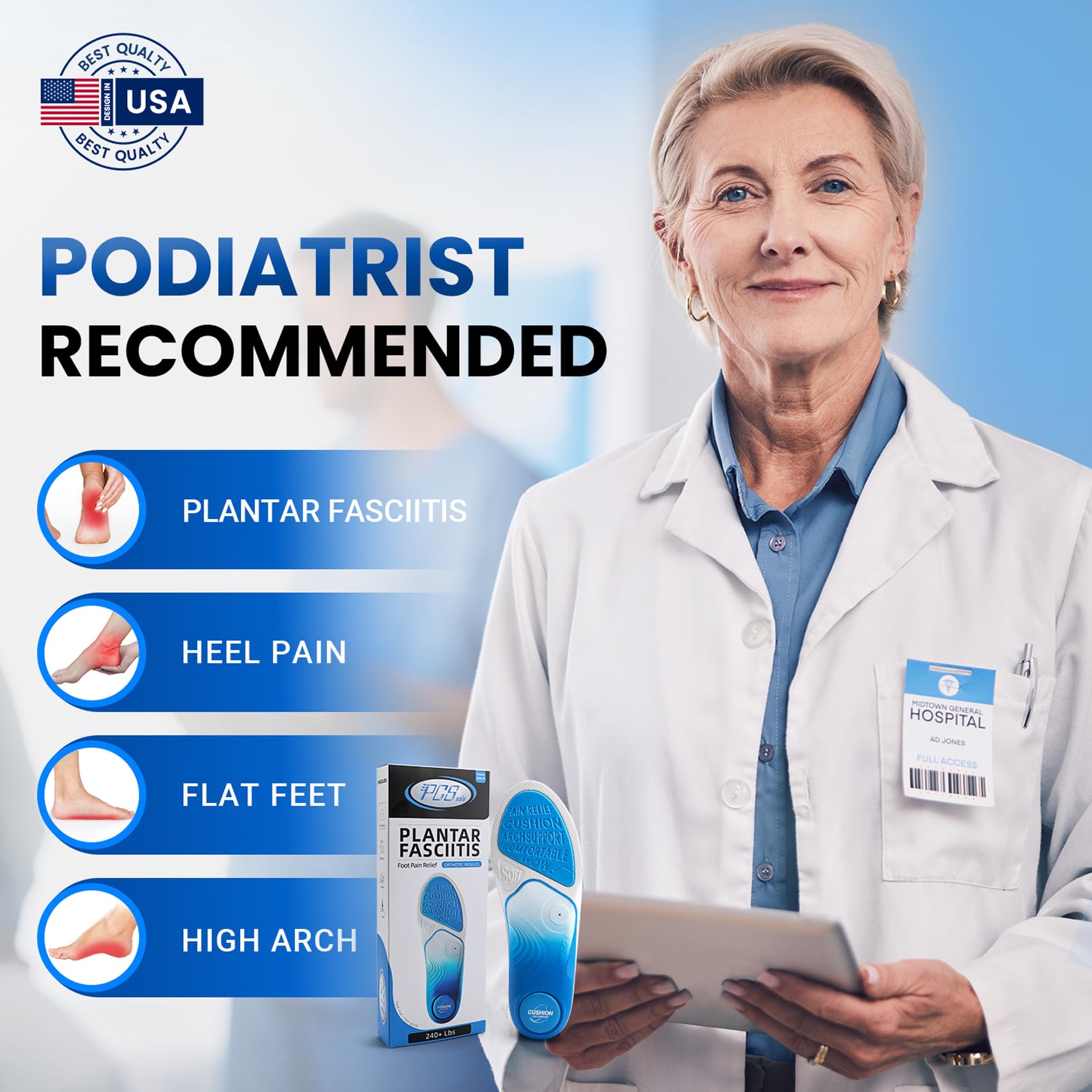 PCSsole Orthotic Insoles Pro for Plantar Fasciitis Relief - 240+lbs Heavy Duty High Arch Support Inserts with Max Cushion & Comfort - Shoe Insert for Flat Feet, Heel Pain, Overpronation