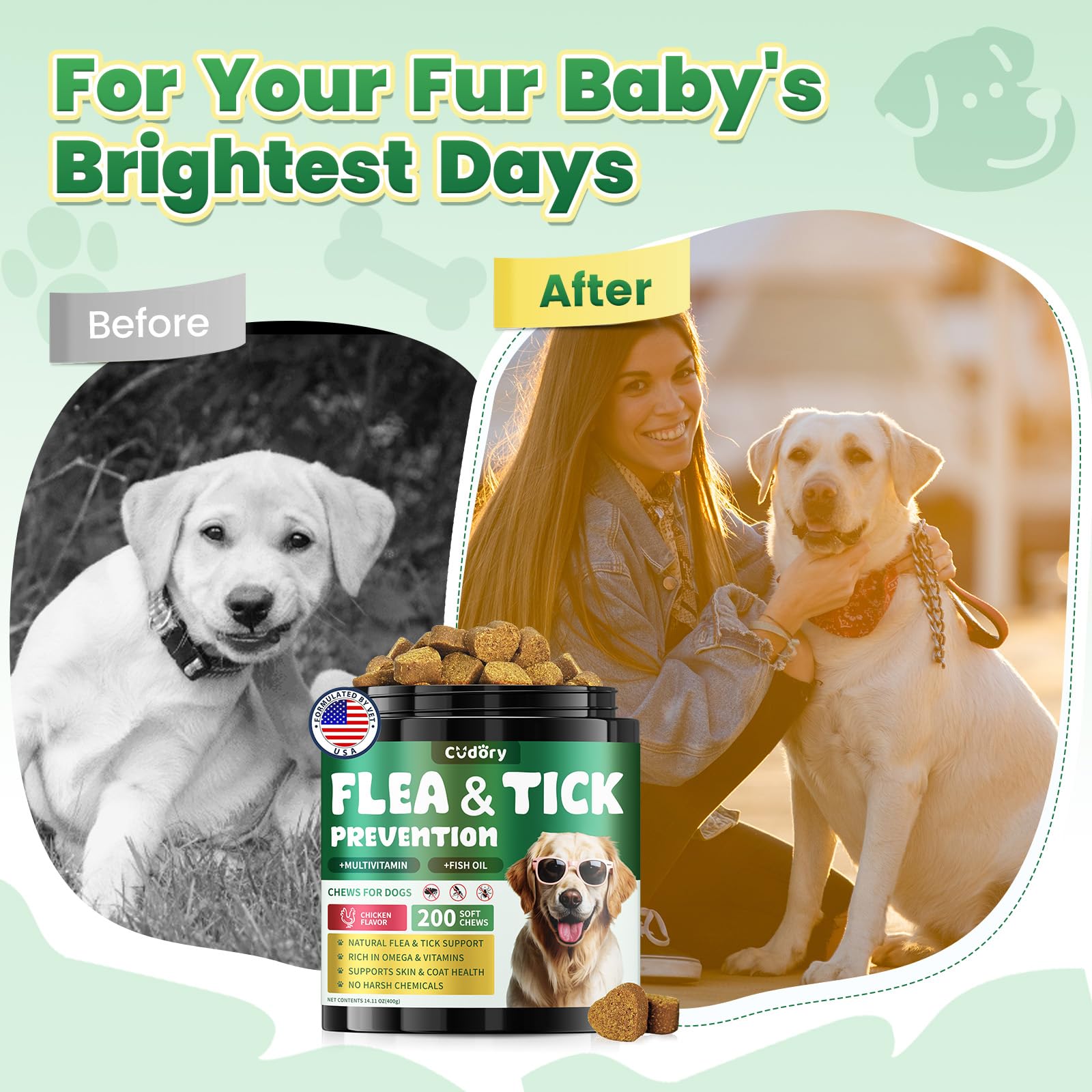 Flea and Tick Prevention for Dogs & Flea and Tick Prevention for Cats, Flea and Tick Support with Vitamins & Fish Oil, Oral Flea Chews Supplement -All Breeds