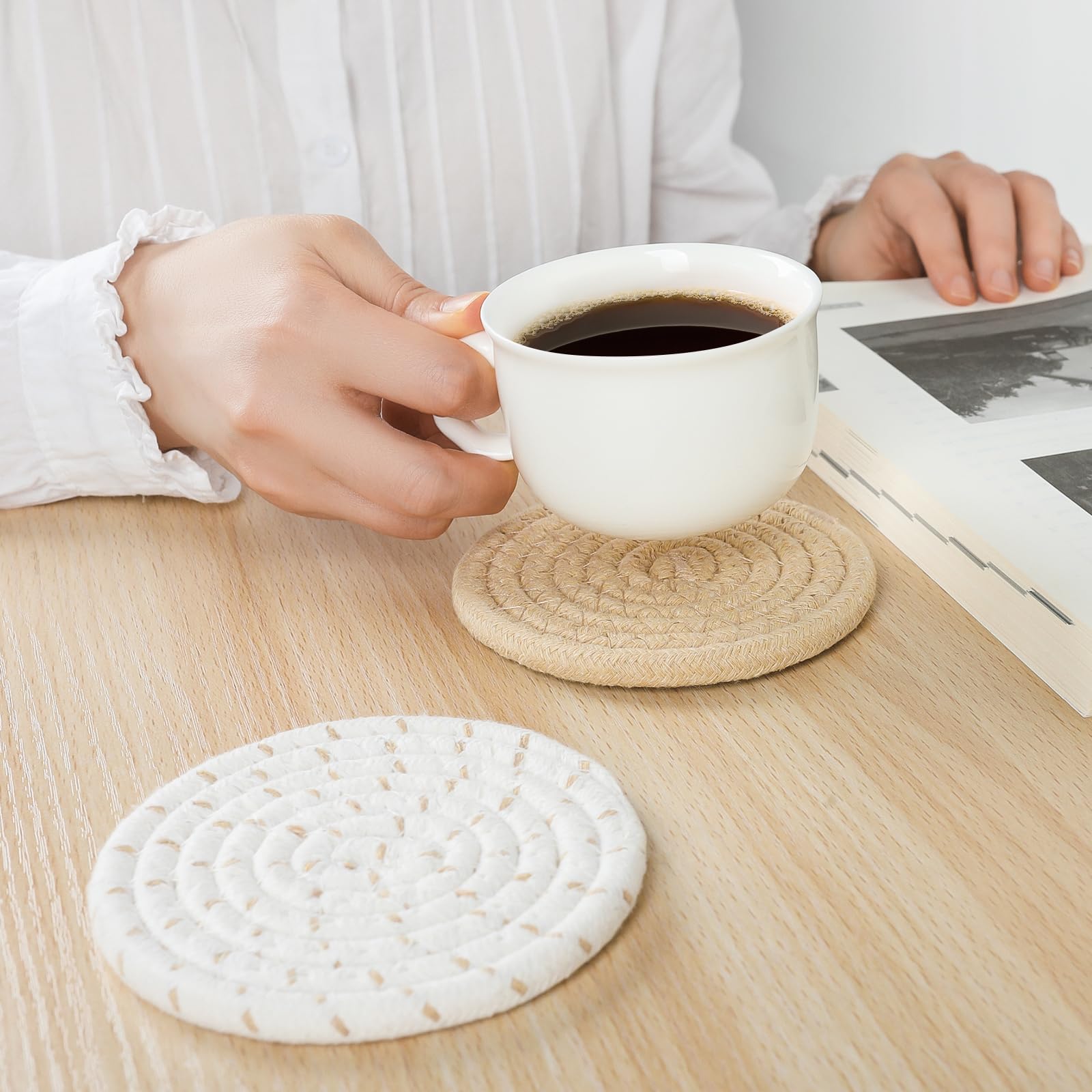 BUEDM 12 Pcs Boho Drink Coasters,6 Color Minimalist Cotton Handmade Woven Absorbent Drink Coasters,Heat Resistant Cotton Coasters for Coffee Table, Kitchen, Home Decoration(4.3 In)