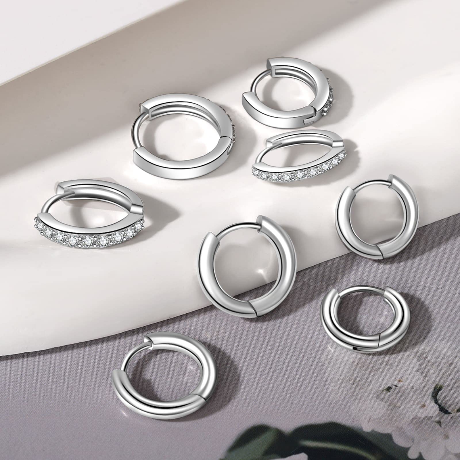 KANOUE 10 Pairs Silver Surgical Steel Earrings Sets for Multiple Piercing Lightweight Small Huggie Hoop Earrings CZ Stud Earrings for Women Trendy Cartilage Hypoallergenic