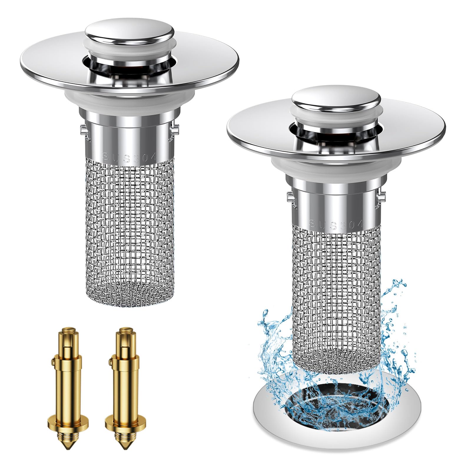 Vakabiu 2024 New Pop Up Bathroom Sink Drain Strainer Hair Catcher, Sink Drain Stopper with Removable Stainless Steel Filter Basket,for US Bathroom Sink Stopper Replacement (2PCS)