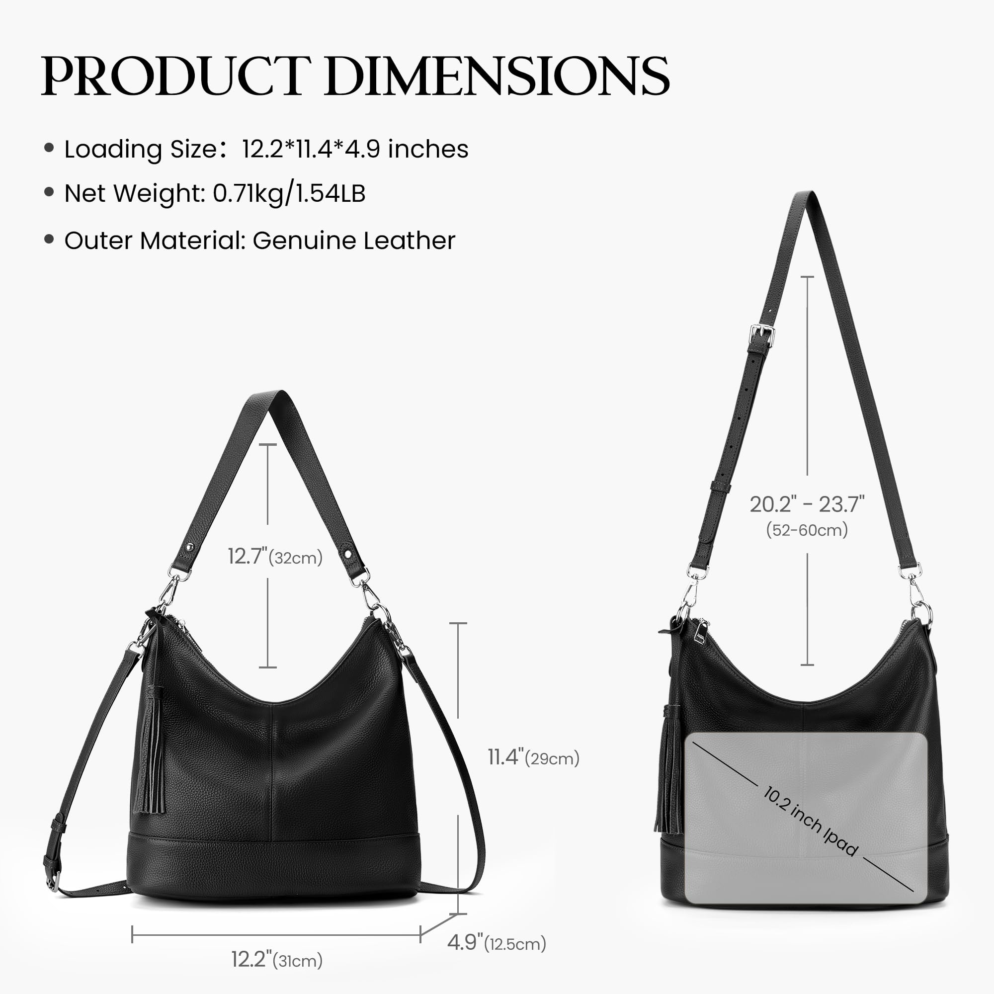 befen Genuine Leather Hobo Crossbody Bag for Women, Large Black Leather Purses, Women's Shoulder Handbags with 2 Removable Strap, Durable Slouchy Bucket Purse With Zipper Pocket for Everyday & Travel