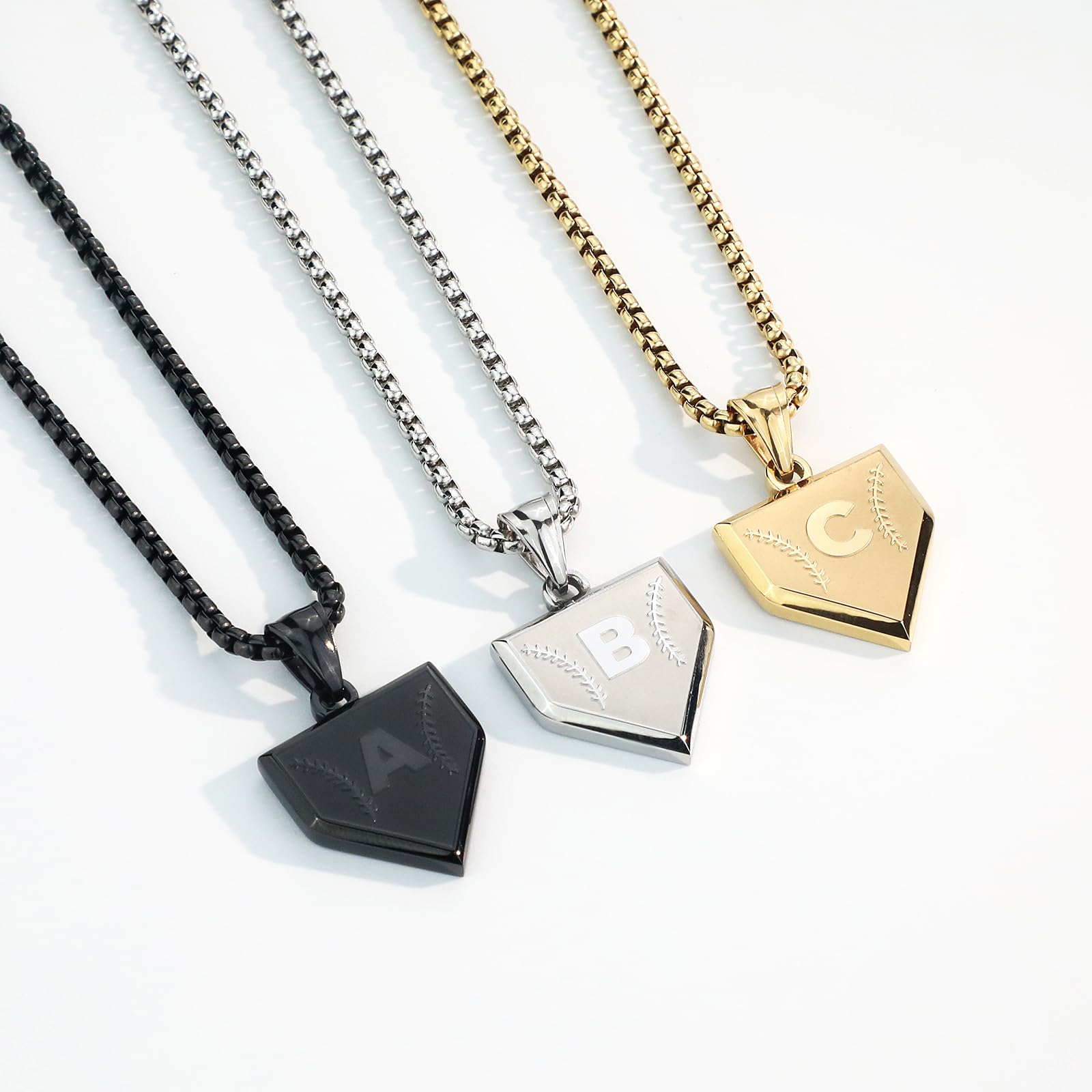Initial A-Z Necklace for Boys Stainless Steel Letter Shield Pendant Box Chain 22+2 inch Inspirational Baseball Home Plate Necklace Baseball Jewelry Gift for Men(G-J) Over 18 years old