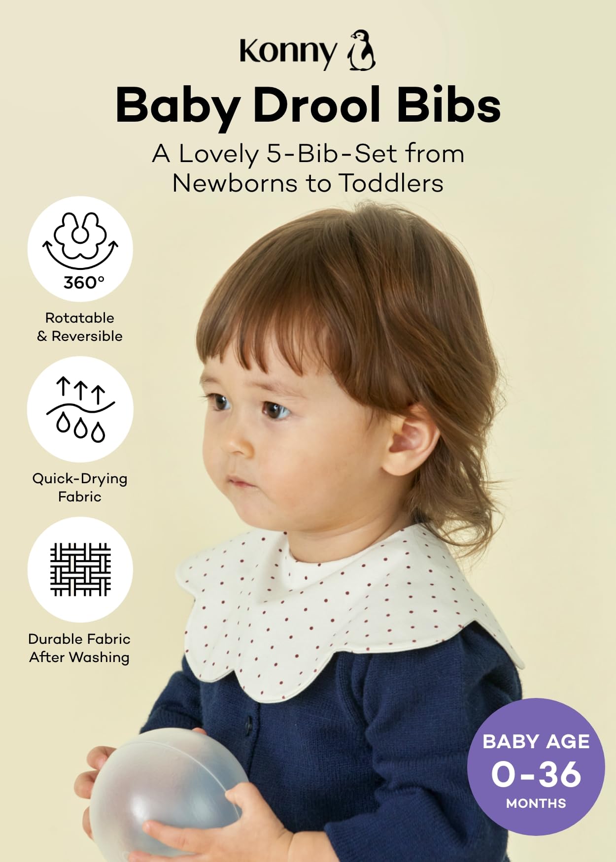 Konny Baby Bibs 5-Pack, 360 ° Rotate, New Year Gifts, Soft and Absorbent Bandana Drooling for Boys Girls baby Essentials(Set 5 - Mint, Pink, Beige, Wine Dot, Creamy Gingham)