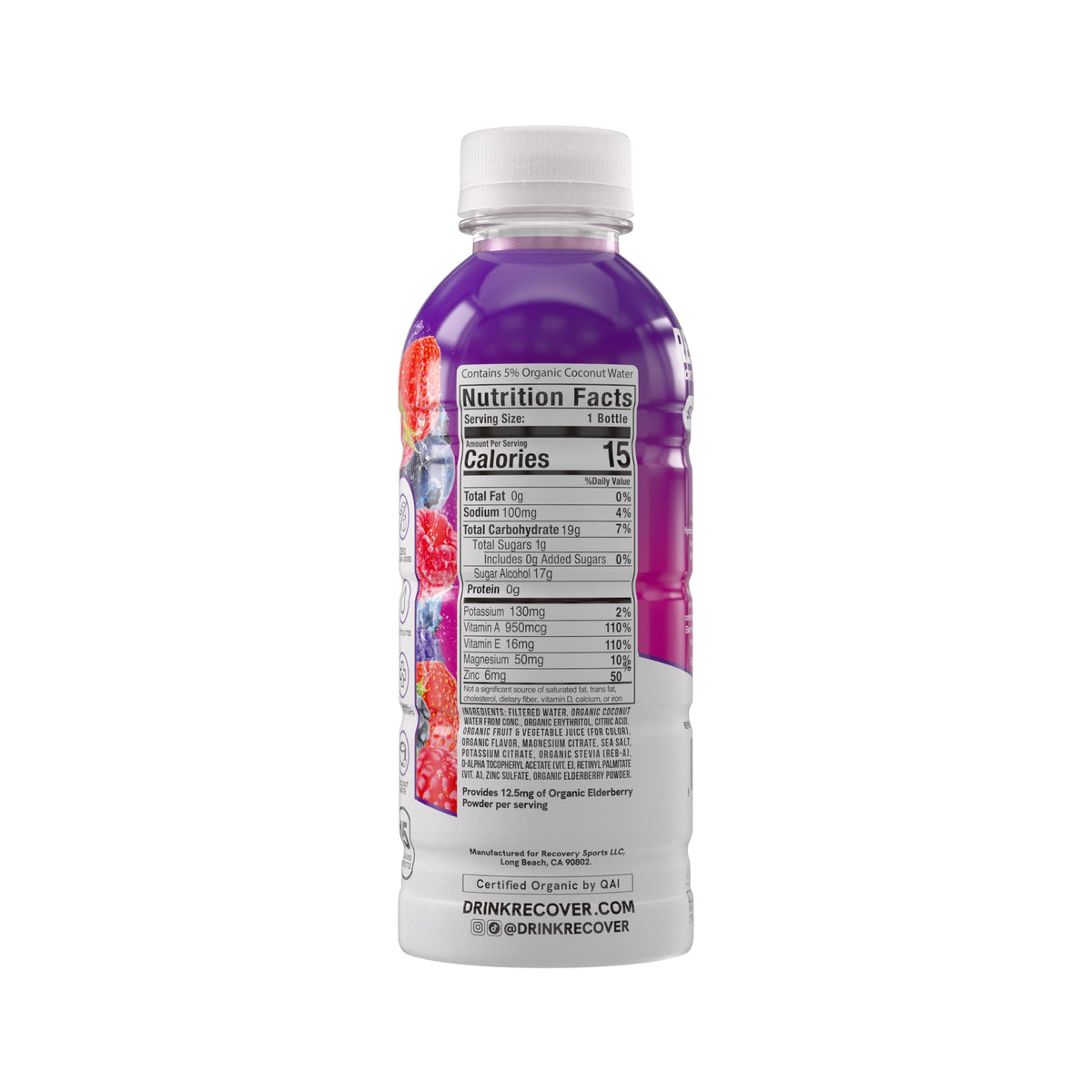 RECOVER 180 Organic Sports Hydration Drink, No Sugar Added, 15 Calorie Sports Beverage, Organic Flavors With Vitamins, Potassium-Packed Electrolytes (16.9 Fl Oz (Pack of 12), Super Berry)