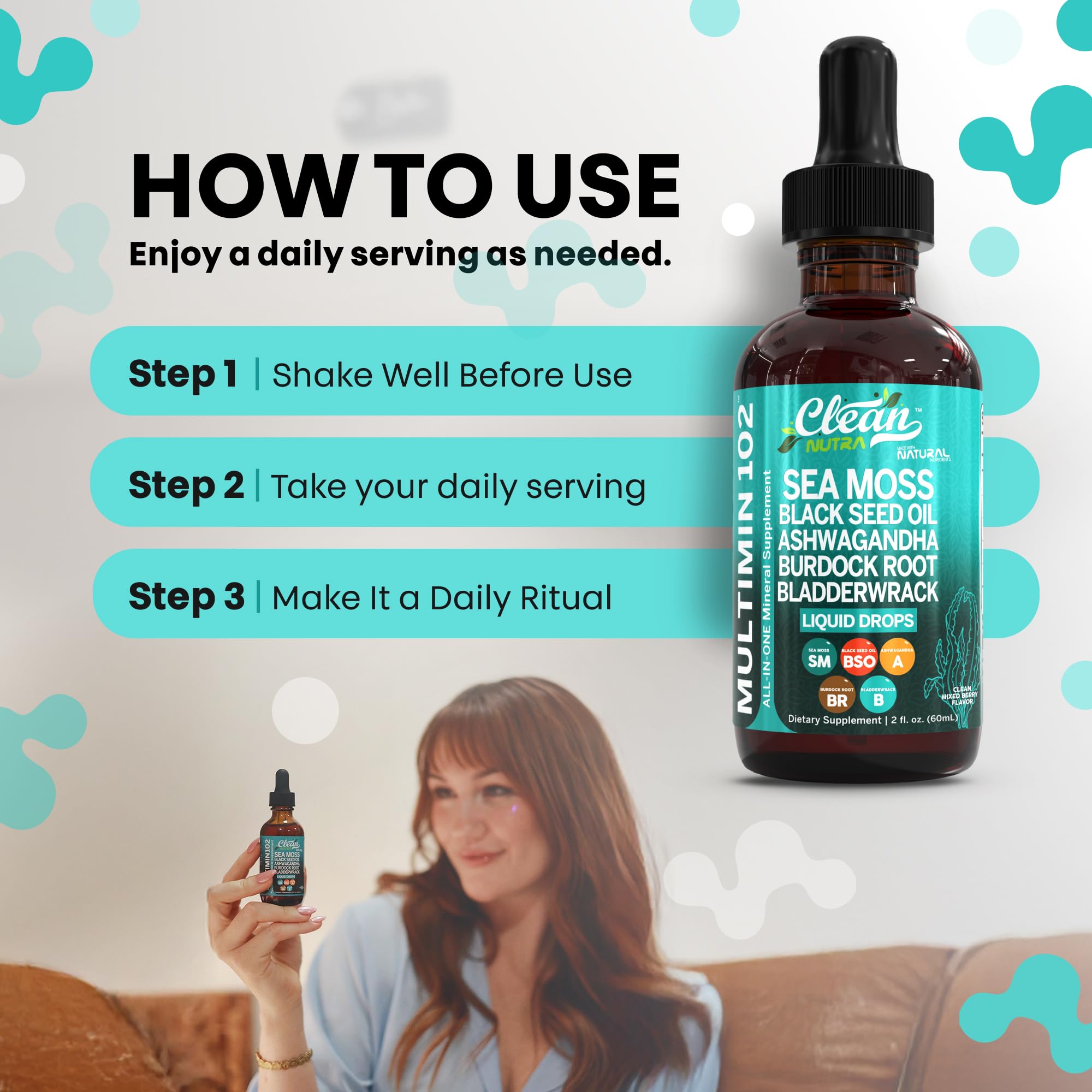 Clean Nutra Organic Sea Moss Drops Supplement | Black Seed Oil Irish Seamoss Ashwagandha Burdock Root & Bladderwrack - Multimineral Liquid Vegan for Gut Heath Energy Skin Immune Support & Hair