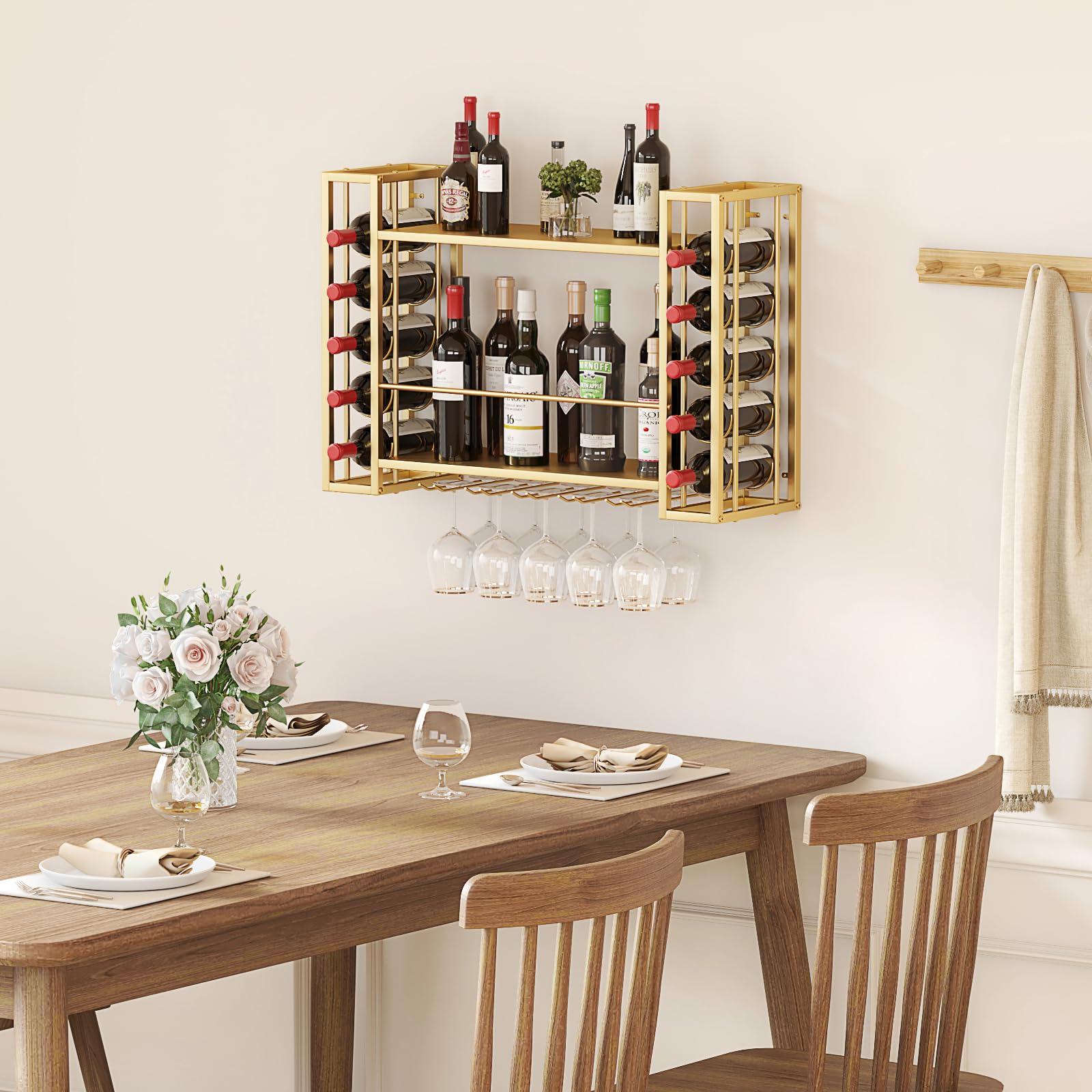 Woskar Wall Mount Wine Rack,Metal with Glass Holder, Space-Saving Liquor Display Storage for Home Bar, Kitchen, Sturdy & Stylish Design, Gold (55.8" W x 21.65" H x 9.84" D)