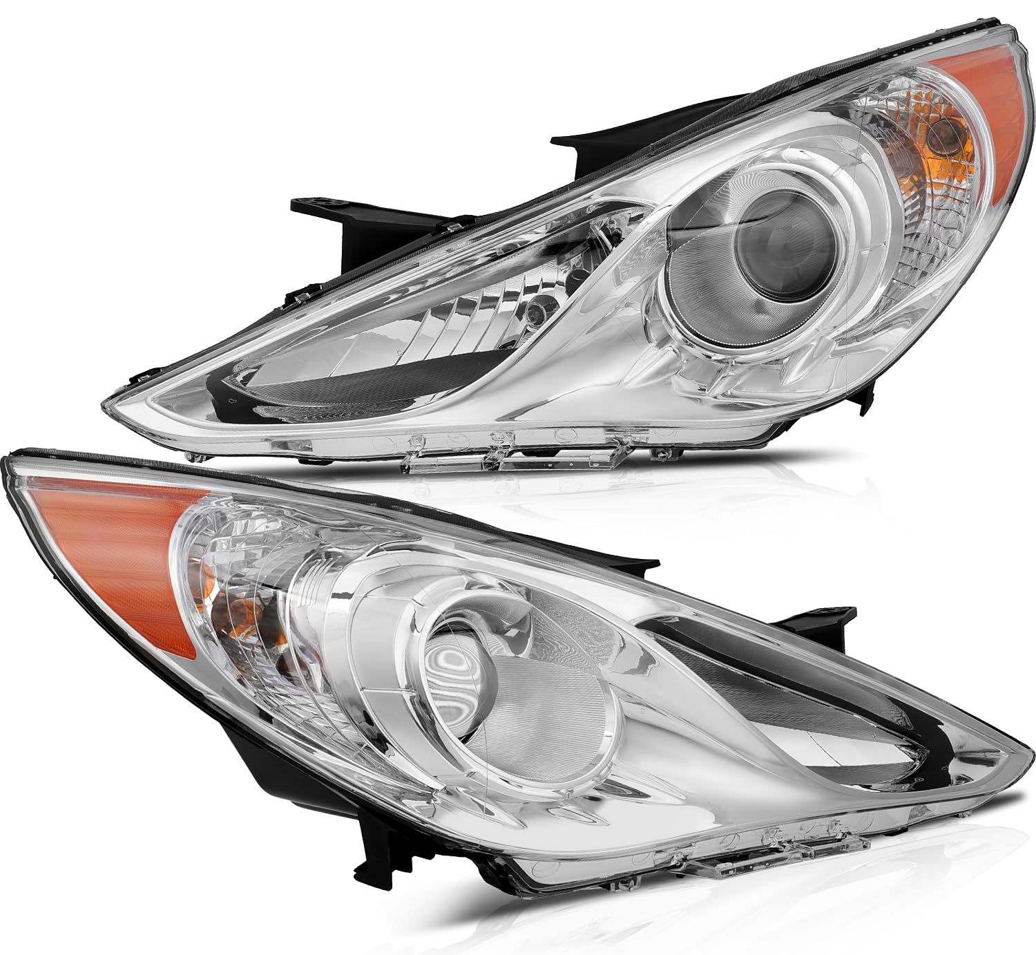 LBRST Headlight Assembly with Project for Hyundai Sonata 2011-2014 Chrome Housing Amber Reflector Clear Lens Driver and Passenger Side Headlamp