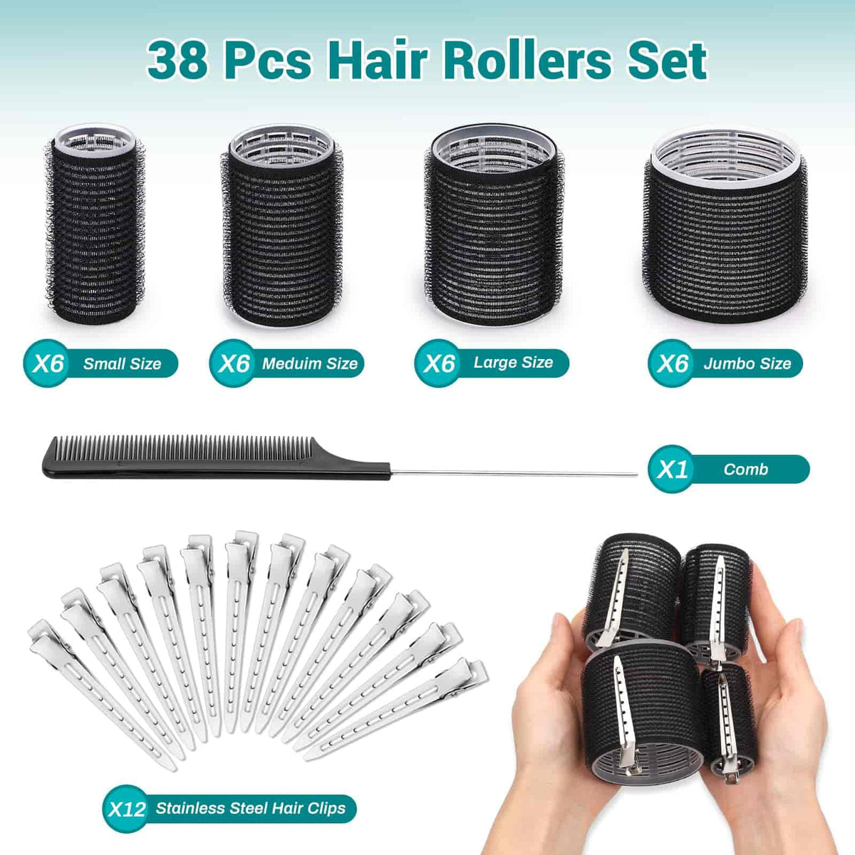 Hair Rollers for Blowout Look Long Hair, Rollers Hair Curlers 38 Pcs Self Grip Hair Rollers Set with 24Pcs Hair Rollers 4 Sizes and 12 Pcs Hair Clips, Comb and Storage Bag for Hair Volume (Black)