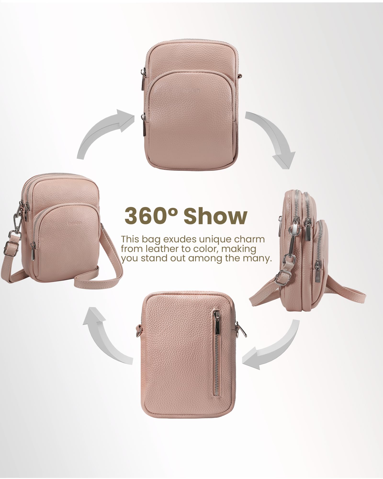 befen Small Genuine Leather Women Designer Crossbody Purses, Cross Body Bags Lightweight with Adjustable Shoulder Strap and RFID Blocking - Light Pink