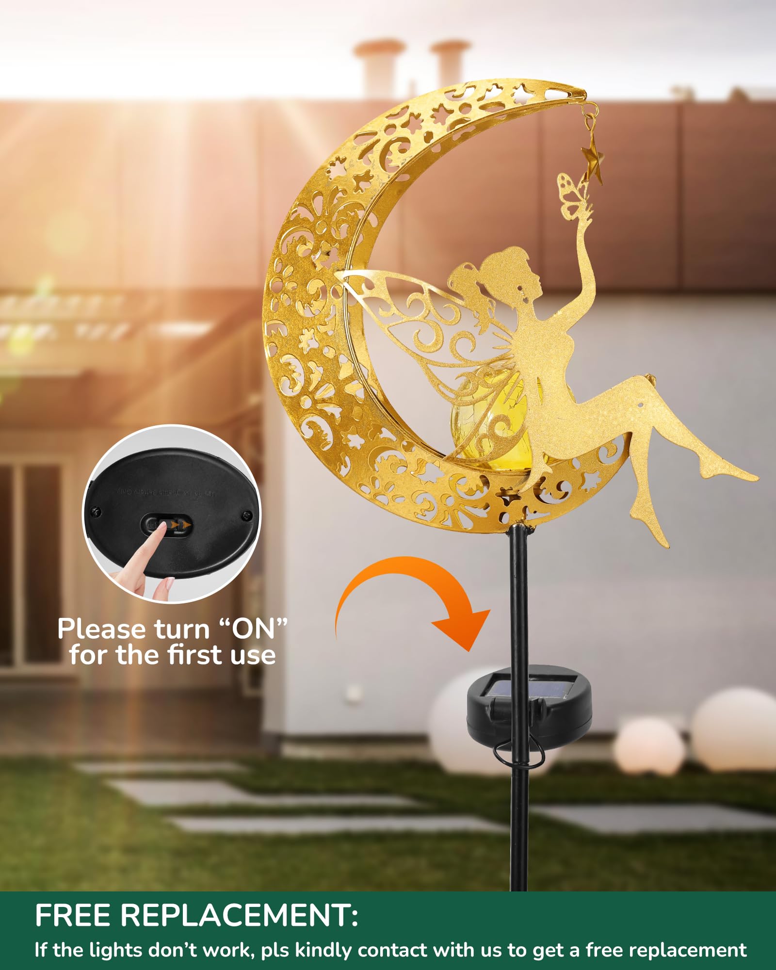 Vuees Solar Garden Statues Outdoor Decor, Fairy Moon Figurine Light Stake, Housewarming Ornament for Patio, Lawn, Yard, Pathway - Unique Gift Ideas for Gardening Mom Grandma