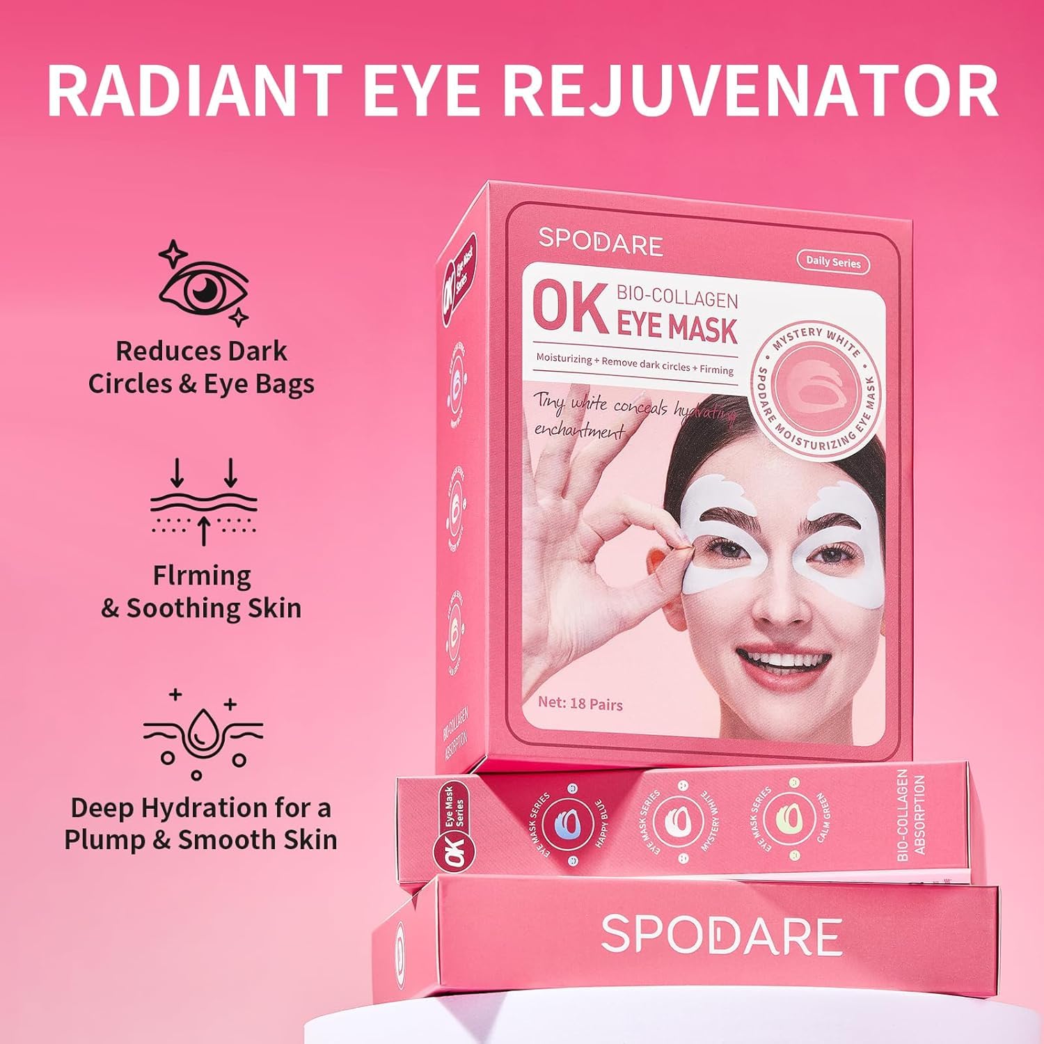 SPODARE OK Shape Eye Masks, 360° Fit Under Eye Patches with Caffeine and Collagen, Firming & Hydrating Eye Mask for Dark Circles and Puffiness, Self Care Gifts for Women - 6 Pairs, Mystery White