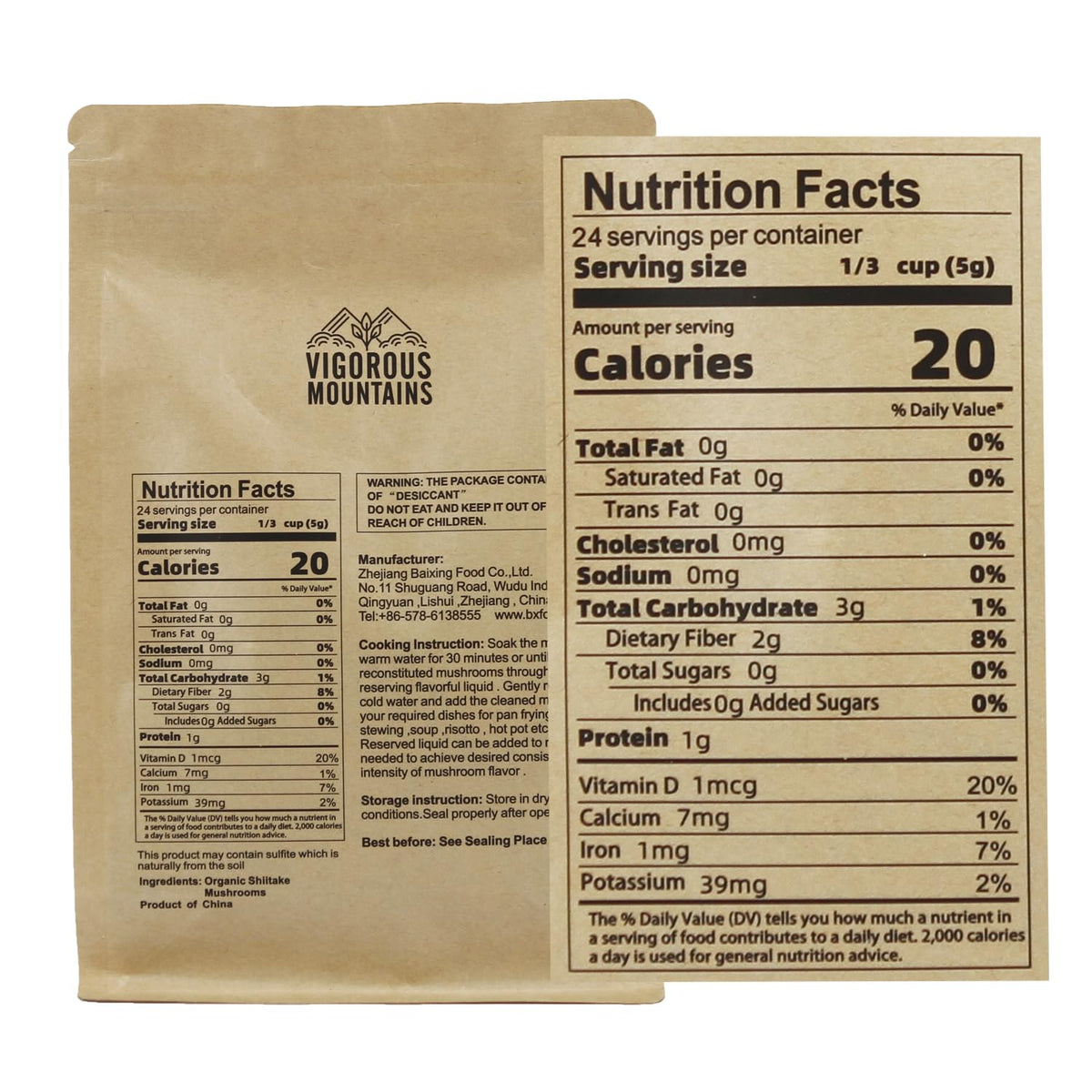 VIGOROUS MOUNTAINS USDA Organic Dried Shiitake Mushrooms Dry Dehydrated Mushrooms for Cooking 4.23oz, 120g