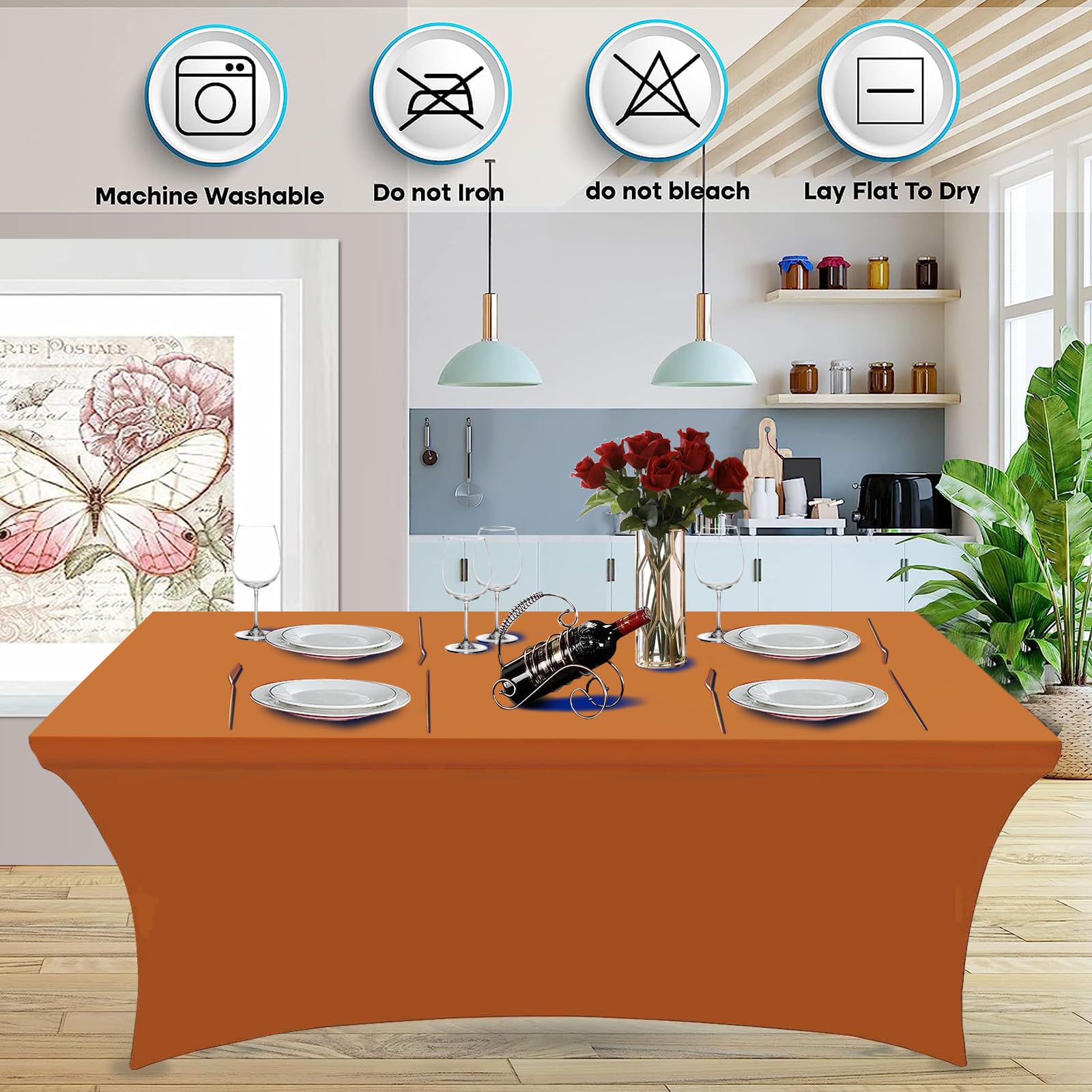 Hussome 2 Pack 8FT Table Cloth for Rectangle Table Orange Tablecloth Rectangular Fitted Stretch Spandex Table Covers 8 ft for Birthday, Cocktail, Wedding, Banquet Spring Summer Outdoor Party