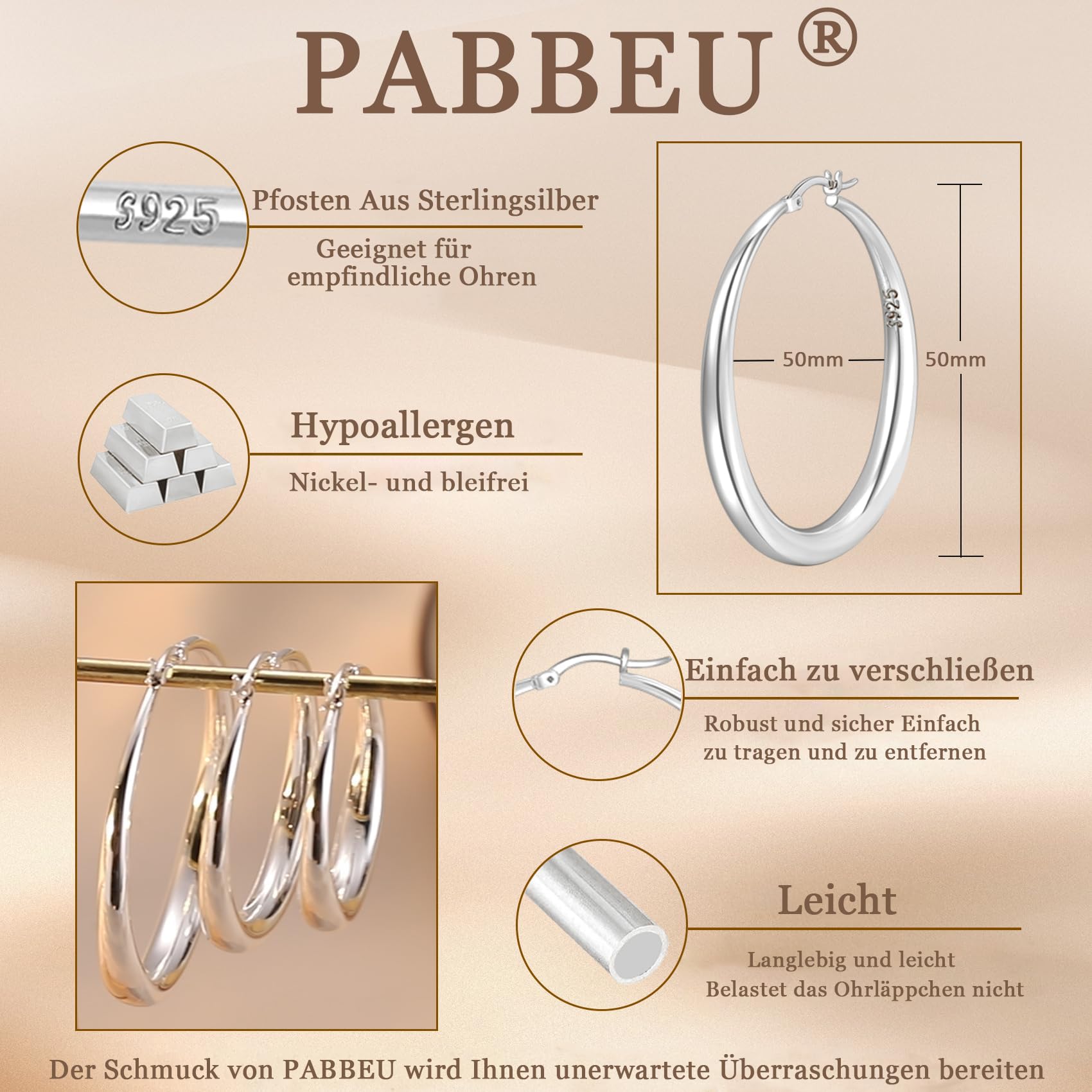 PABBEU S925 Sterling Silver Hoop Earrings Large Silver Hoop Earrings for Women Hypoallergenic Lightweight Big Thick Silver Hoop Earrings for Women Girls 35/40/50/60/70mm