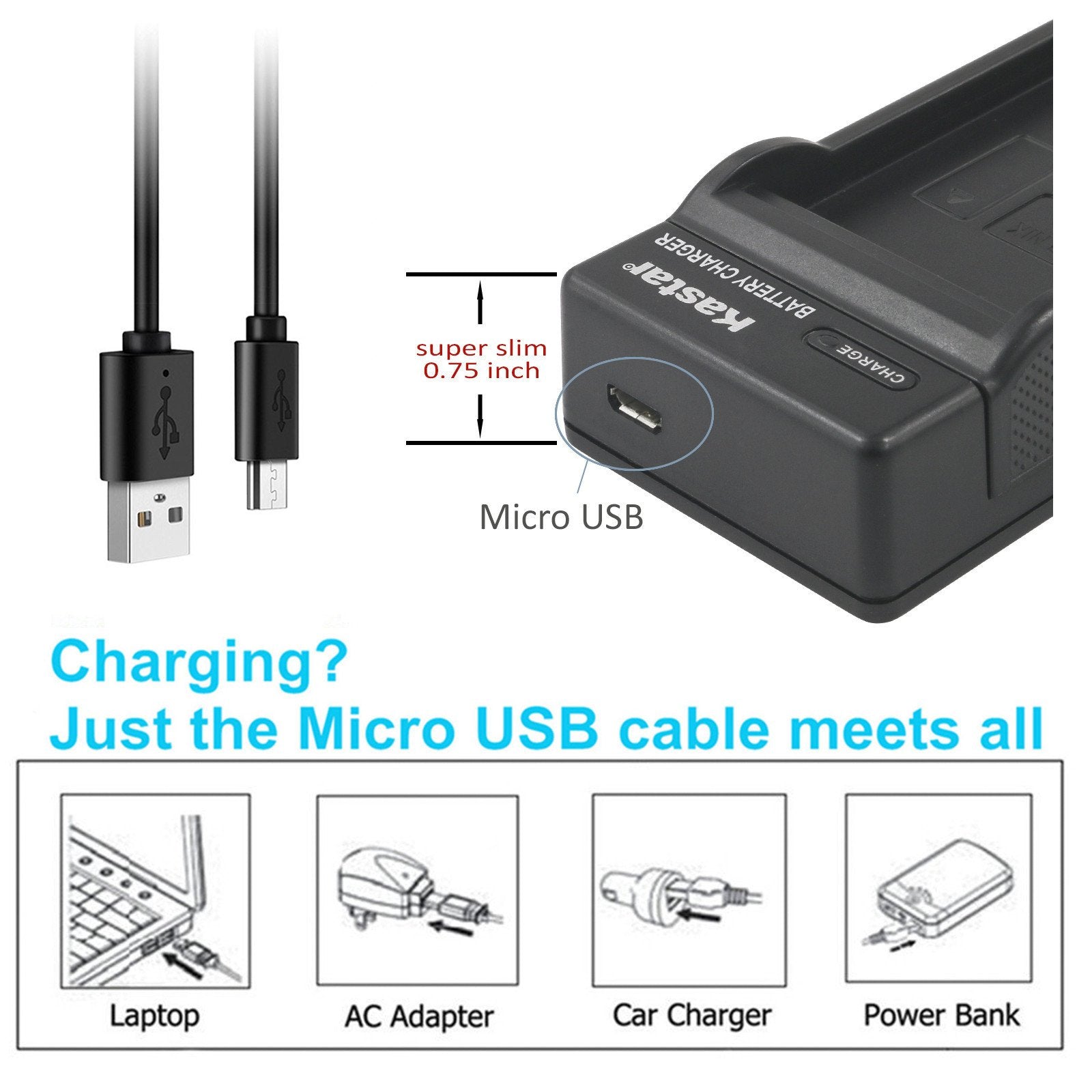 Kastar Slim USB Charger for Sony NP-BK1 & Cybershot DSC-W180 to W980, Webbie MHS-CM1 & PM1 to PM5, Bloggie MHS-CM5