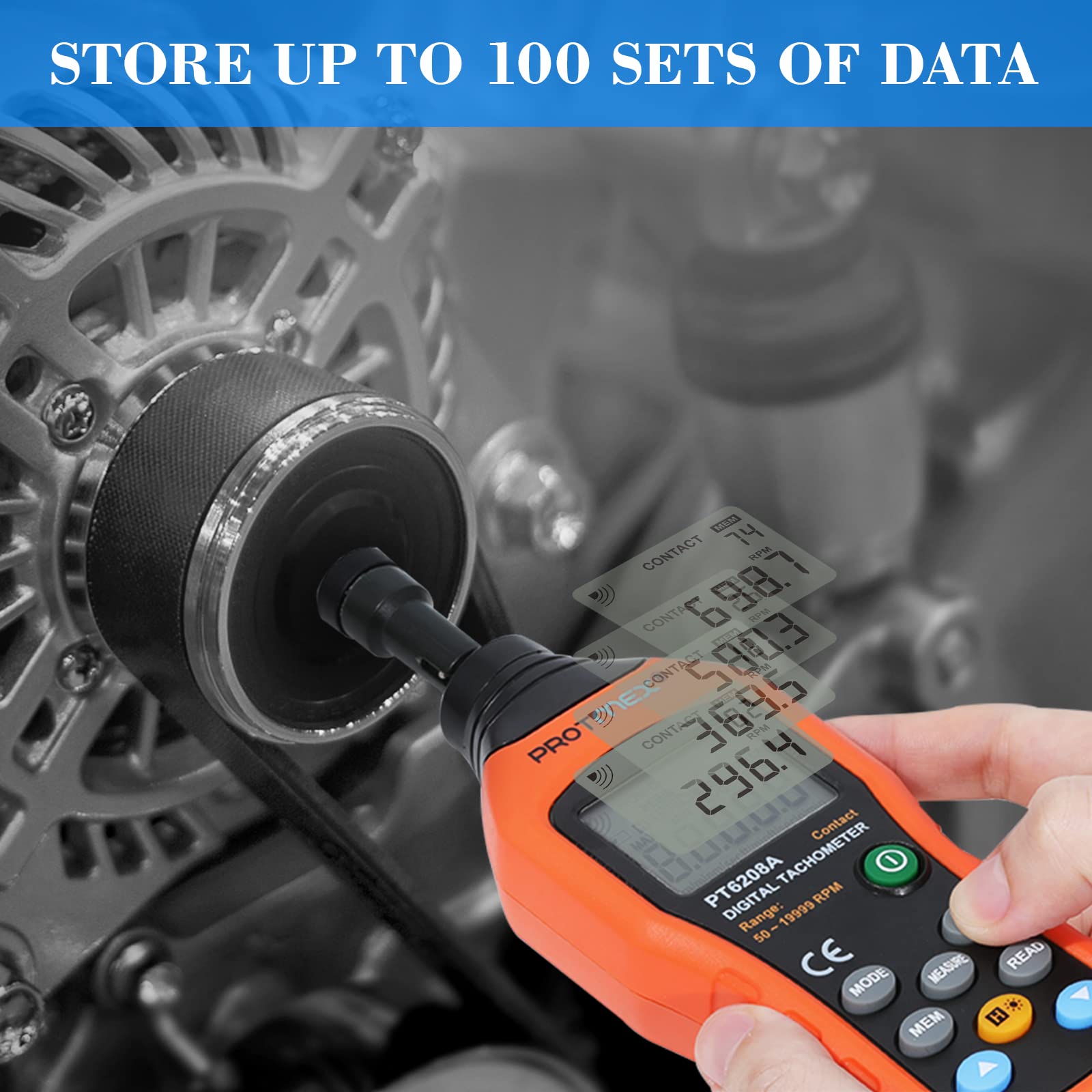 Protmex PT6208A Digital Contact Tachometer, Contact Measurement Speed Tach Meter, 50-19999RPM Speed Meter, Contact Tach RPM Meter with 100 Groups Data Logging, Data Hold, Max/Min/AVG, Backlight