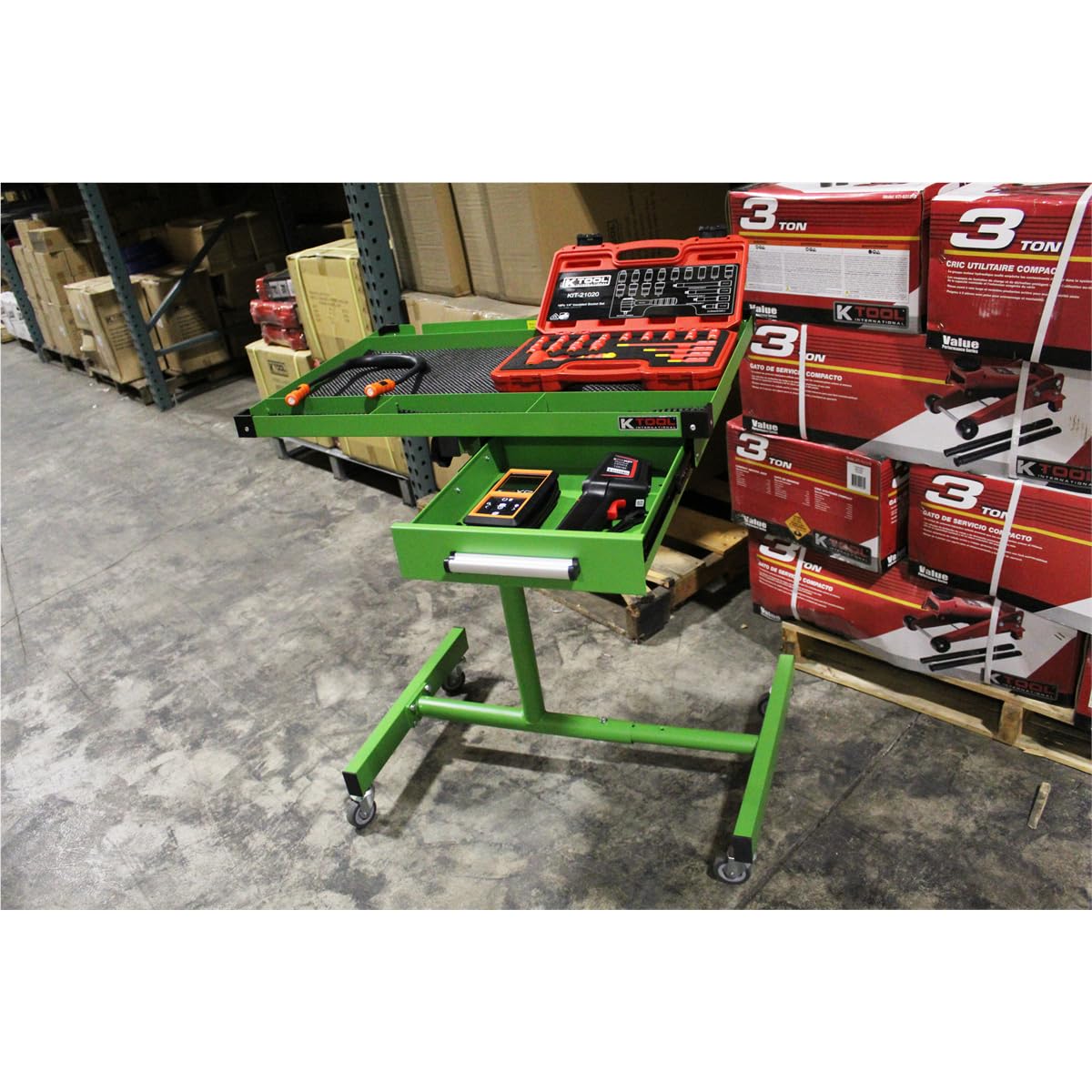 K Tool International 75108 Adjustable Tear Down Work Table with Drawer for Garages, Repair Shops, and DIY, Portable, (4) 2" Swivel Casters, 200 Pound Capacity, Rubber Corners, Heavy Duty Steel, Green