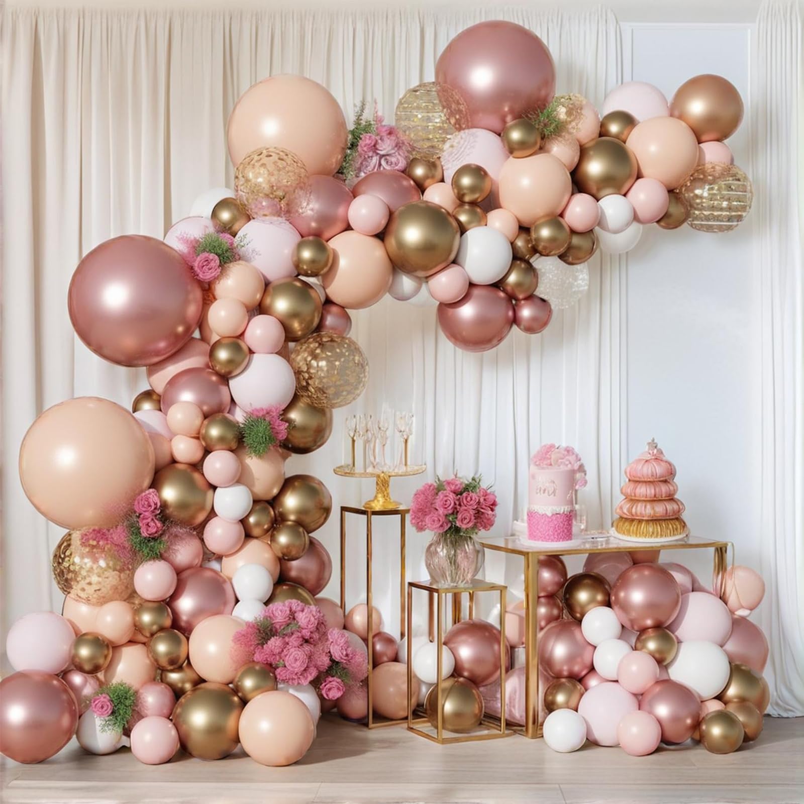 PartyWoo Rose Gold Balloon Arch Kit Garland 140 pcs Different Sizes of 18 12 10 5 Inch Light Pink Nude White Metallic Rose Gold Confetti Balloons for Bridal Shower Wedding Birthday Party Decorations