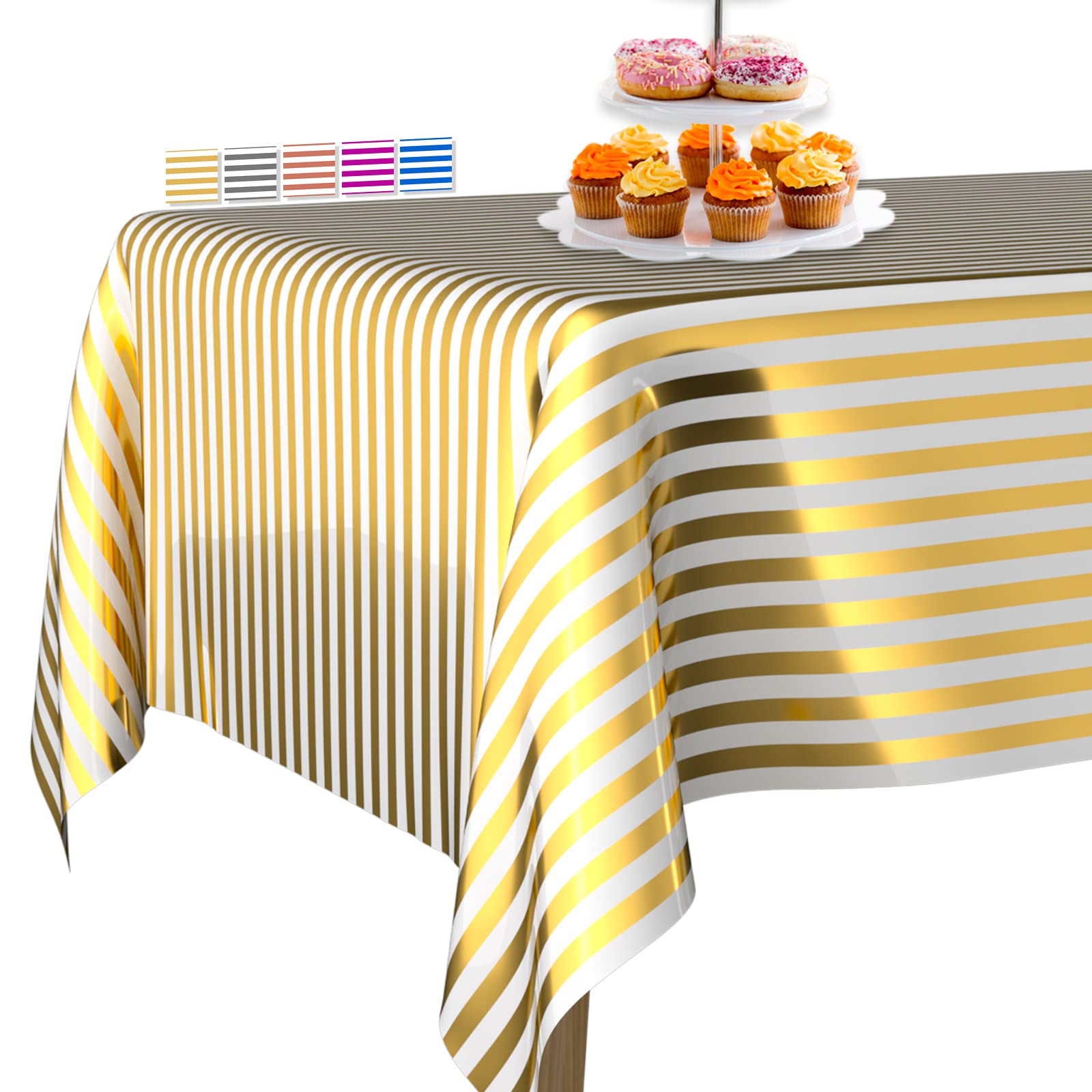 PartyWoo Gold Foil Tablecloth, 54 x 108 Inch Stripe Rectangle Party Tablecloth, Foil Tablecloth for 6 to 8 Foot Table, Metallic Table Cover, Waterproof Table Cloth for Birthday, Wedding (1 Pack)