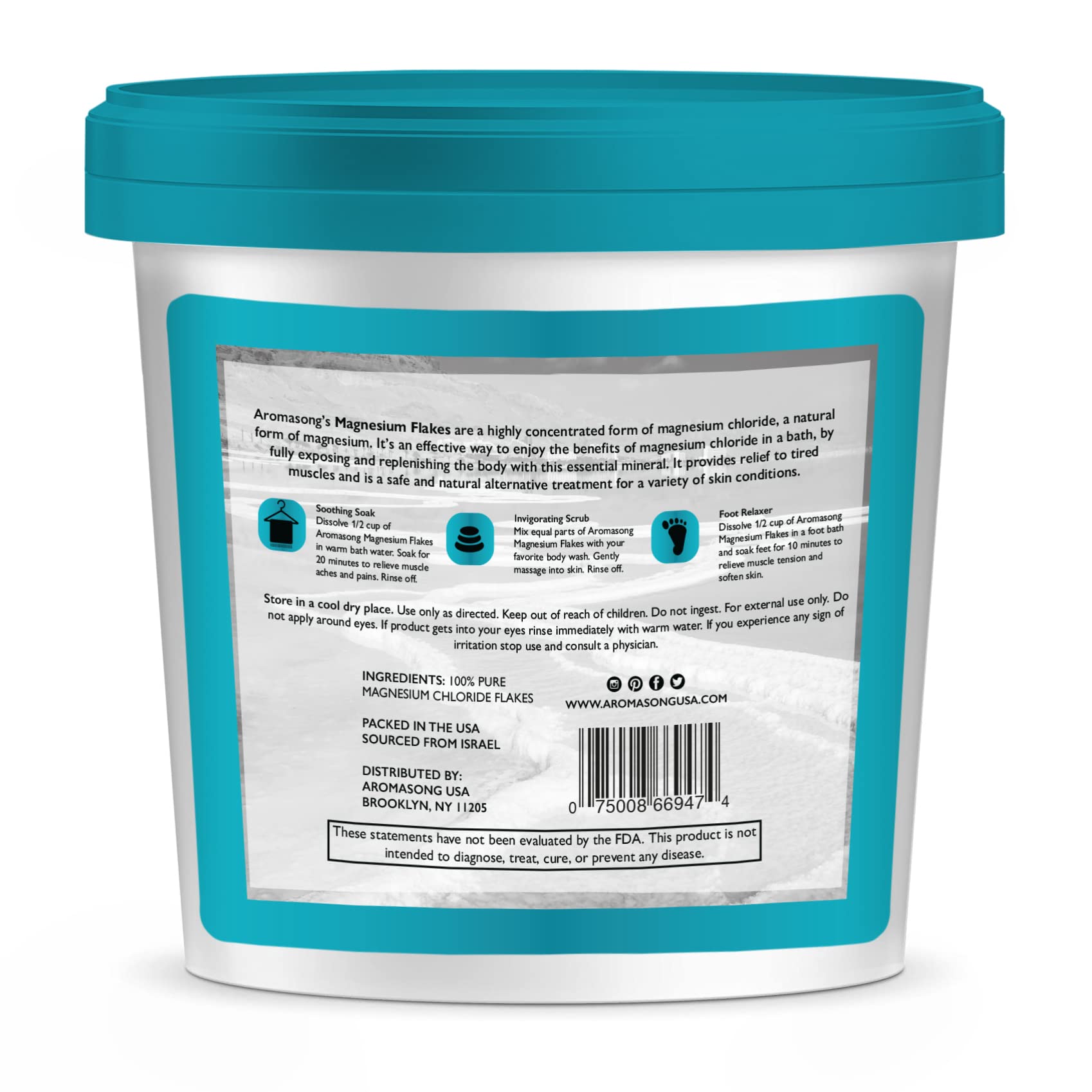 Aromasong Raw Dead Sea Magnesium Flakes for Bath - 4 LB Bulk Bath Salt in Reusable Bucket
